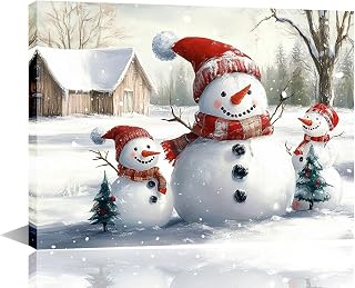 Christmas Canvas Wall Art Decor - Snowman Prints Framed Paintings for Winter Wall Decor, Farmhouse Holiday Decorations, Indoor Hanging Poster Artwork 12"x16"