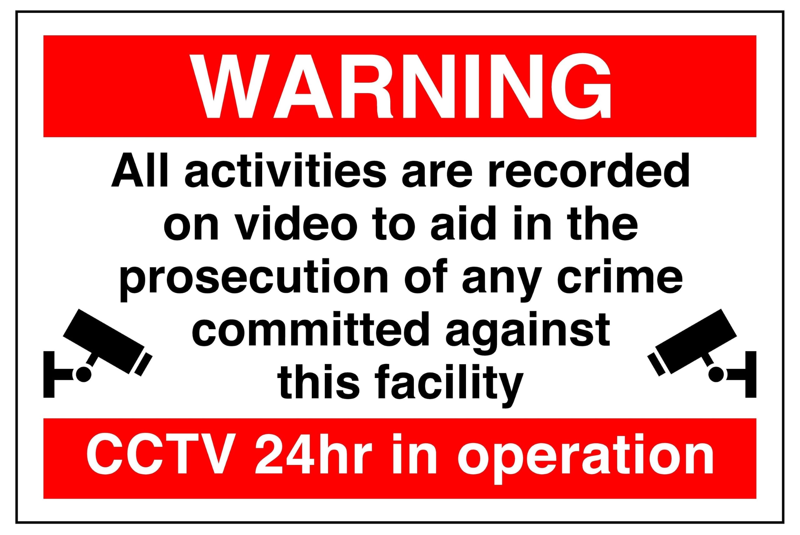 Warning all activities are recorded on video to aid in the prosecution of any crime CCTV sign - 1.2mm Rigid plastic for indoor/outdoor usage (600mm x 400mm) Viewing Distance within 20m.
