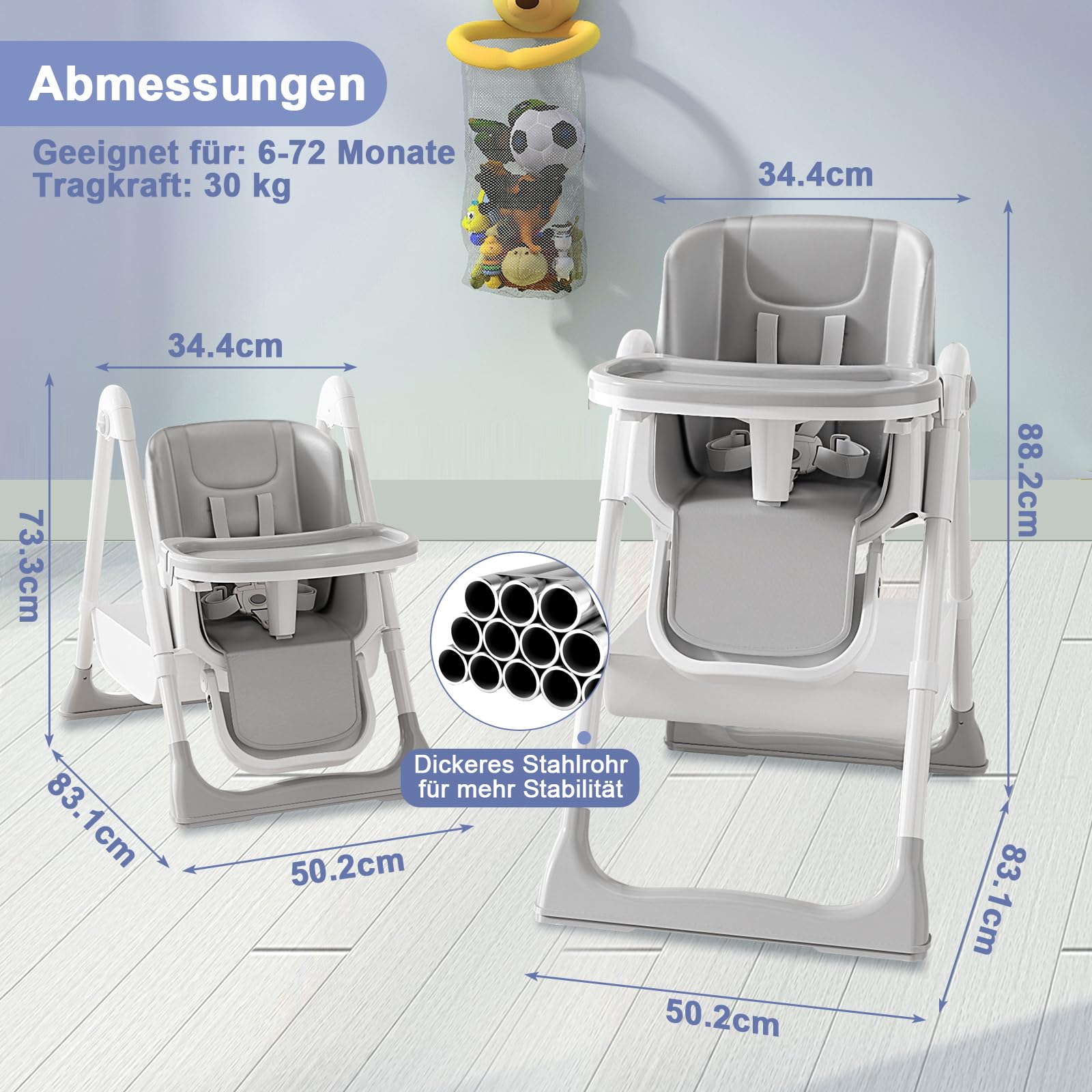 Hochstuhl Baby, Kinderhochstuhl mit Babyliege, Verstellbar Klappbar Hochstuhl Baby mit Essbrett,Korb, mitwachsend ab 6–36 Monate Jahre Babystuhl,Grau