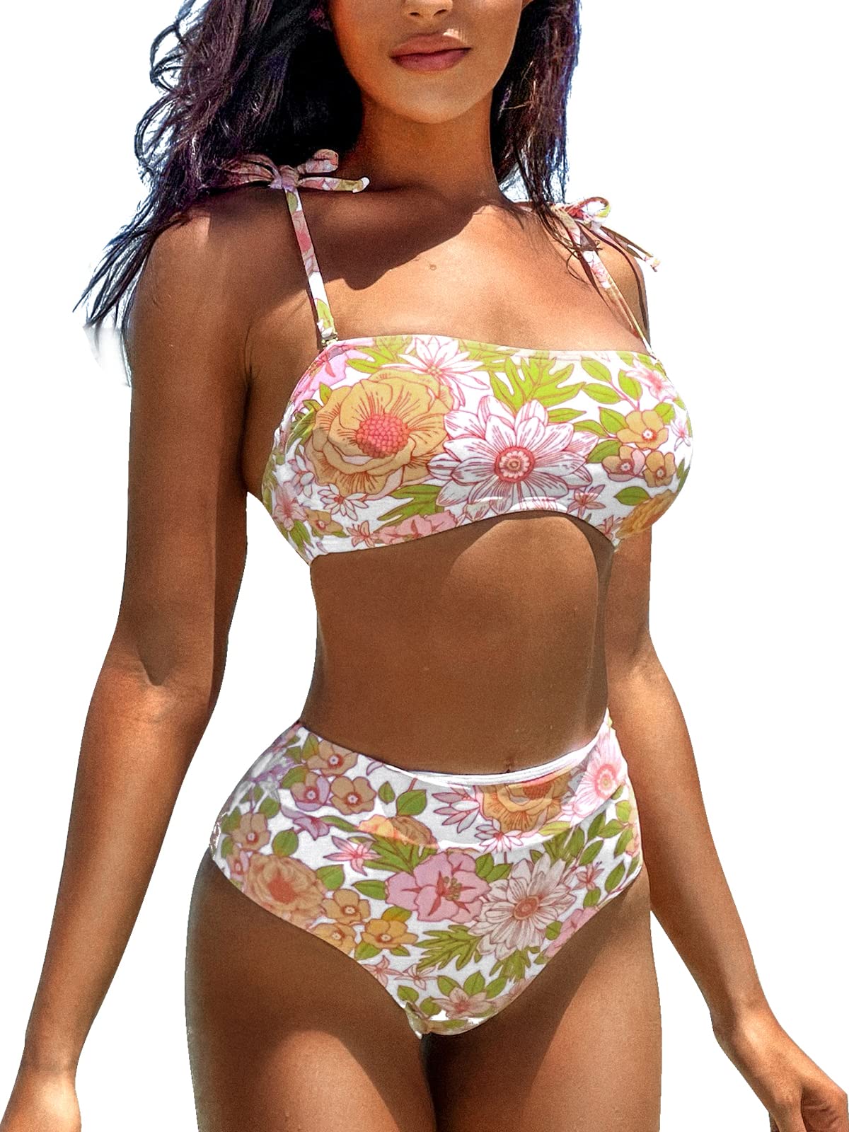 SEASELFIEWomen's 2 Piece Adjustable Straps Bikini Swimsuit Regular Coverage Mid Waist Bathing Suits with Ditsy Floral Printing, Ditsy Floral, XS
