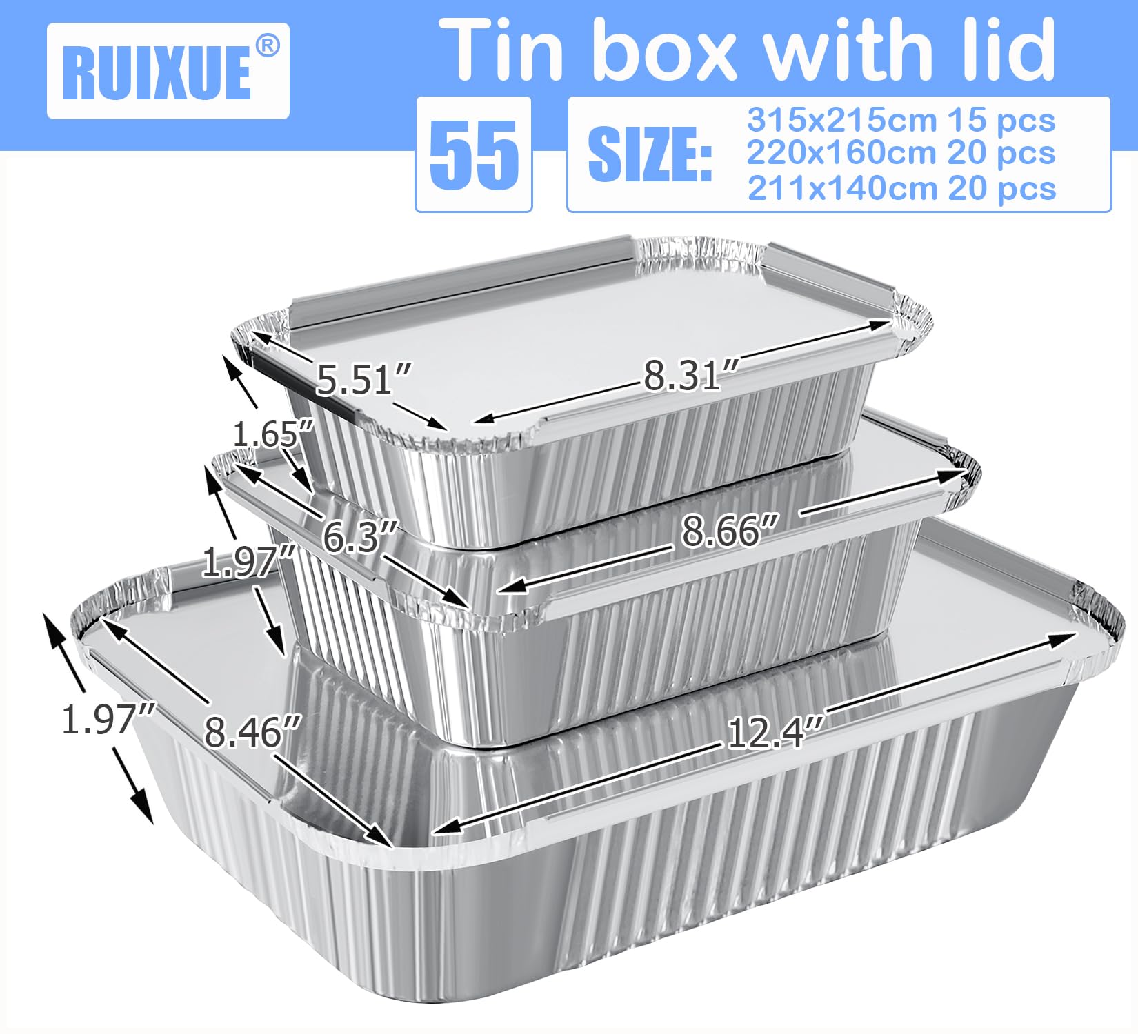 RUIXUE 55 Pieces Foil Trays with Lids, 2250ml, 1100ml and 800ml Multi-Size Reusable Aluminium Dishes for Cooking and Roasting. - Image 2