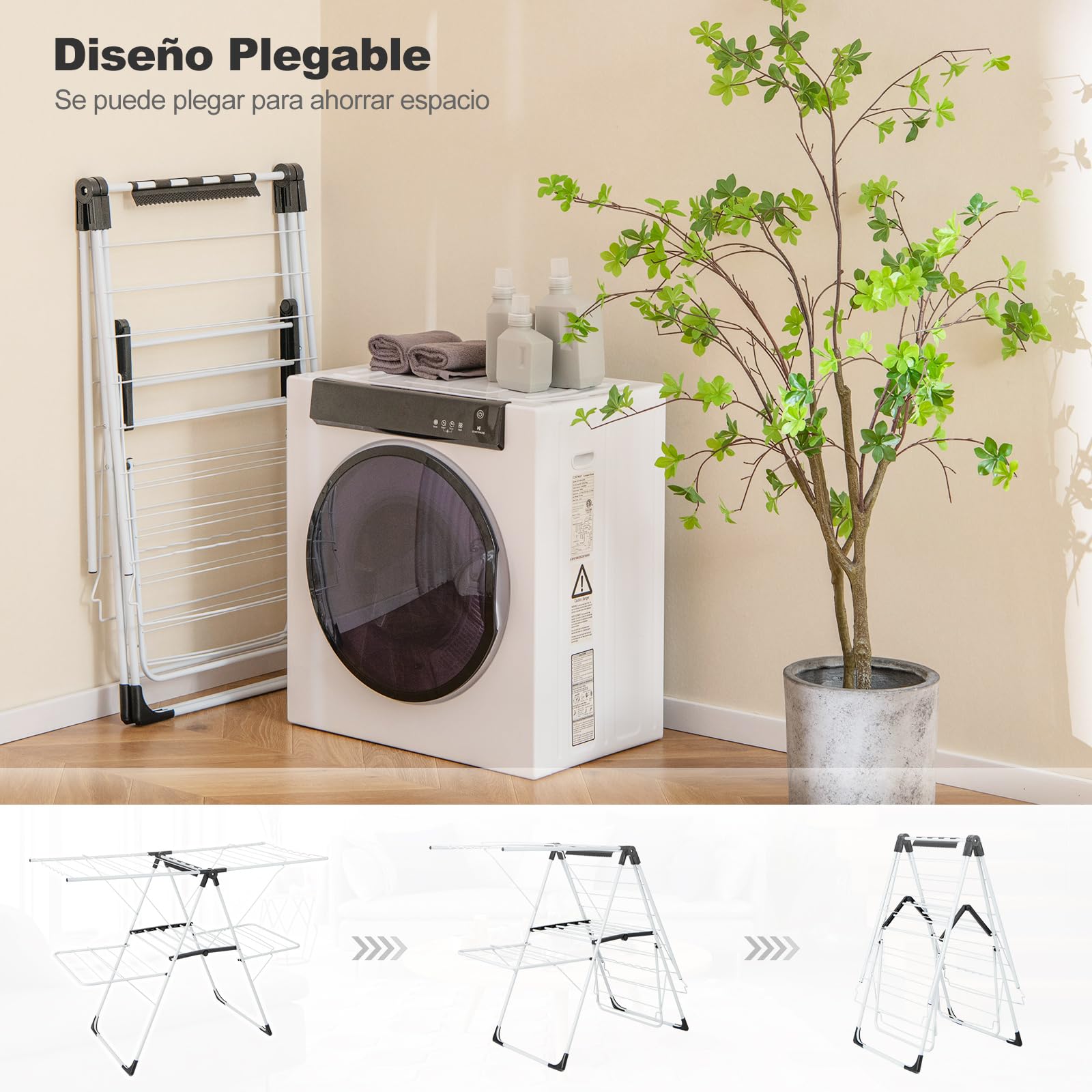 COSTWAY Tendedero de Ropa Plegable de 2 Niveles, Tendedero con Alas Ajustables en Altura, 33 Rieles de Secado y Clips para Calcetines, Soporte para Ropa Independiente para Uso Interior y Exterior