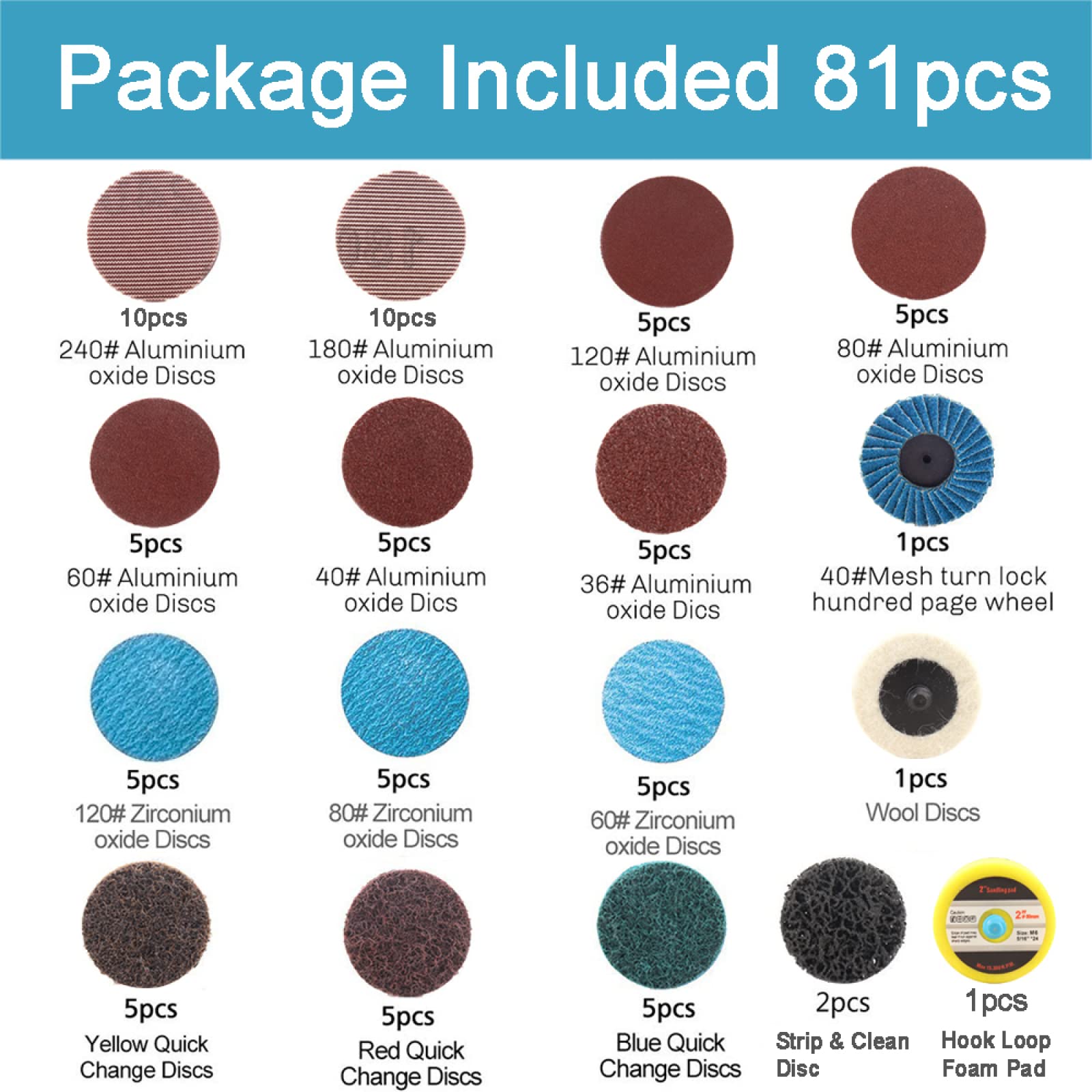 Kit De Almohadillas De Discos De Lijado De 2 Pulgadas, 81 Uds., Para Taladro, Amoladora, Herramientas Rotativas Con Placa De Respaldo, Papel De Lija, Pulido