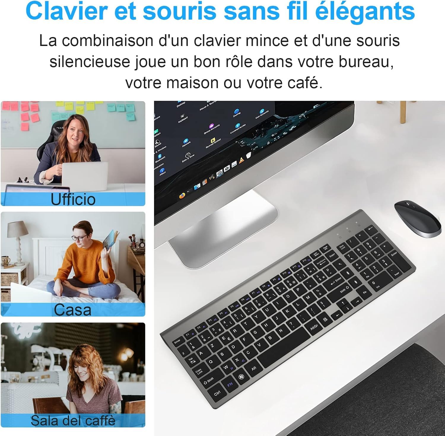 Clavier et Souris sans Fil - Ergonomique 2.4G Silent Compact Clavier de Souris Pleine Taille pour PC/Portable/Ordinateur/Laptop/TV (Noir)