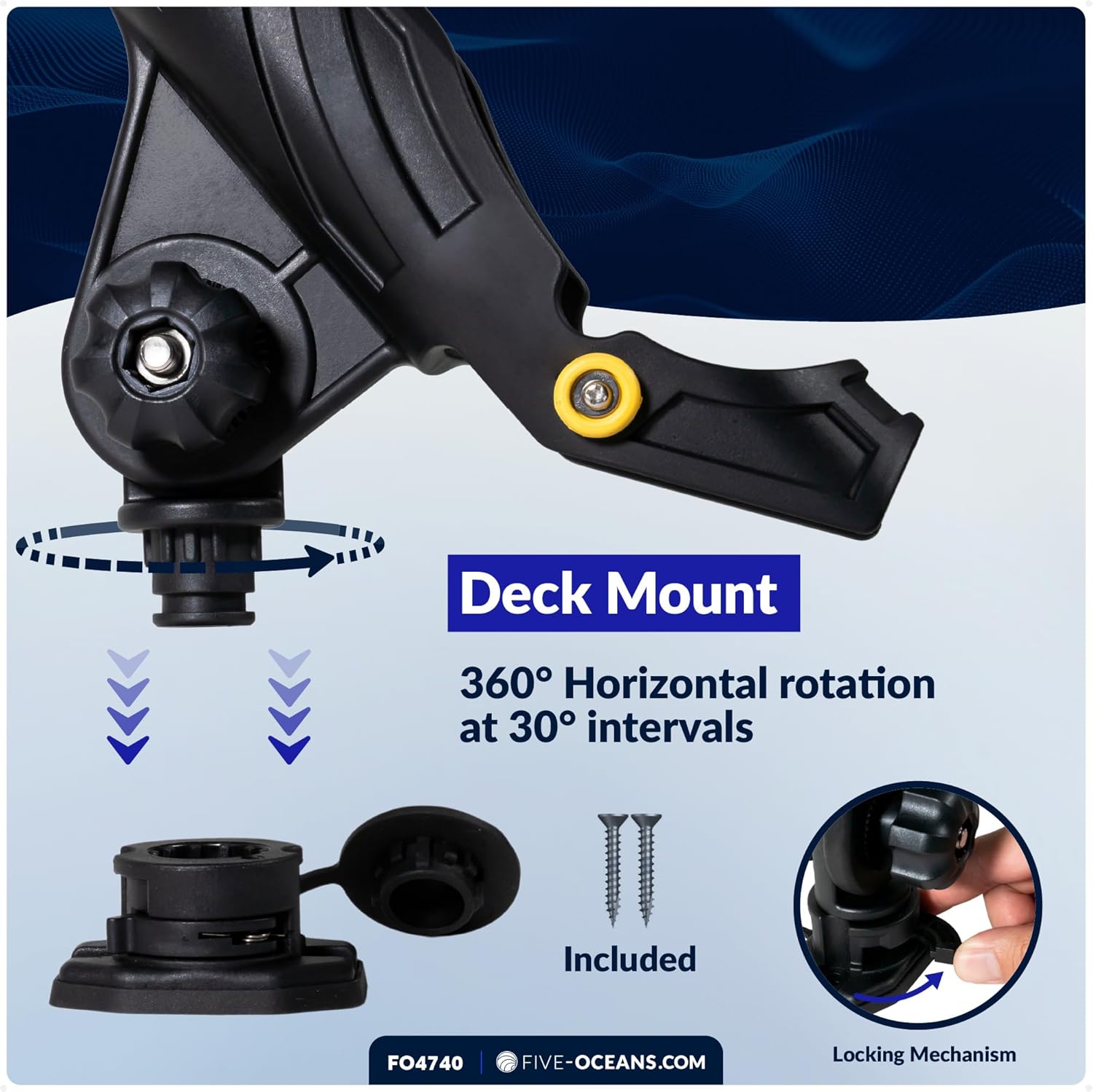 Five Oceans Fishing Rod Holder, with Deck Mount Base, Black, High-Impact Nylon, Multiple Sizes