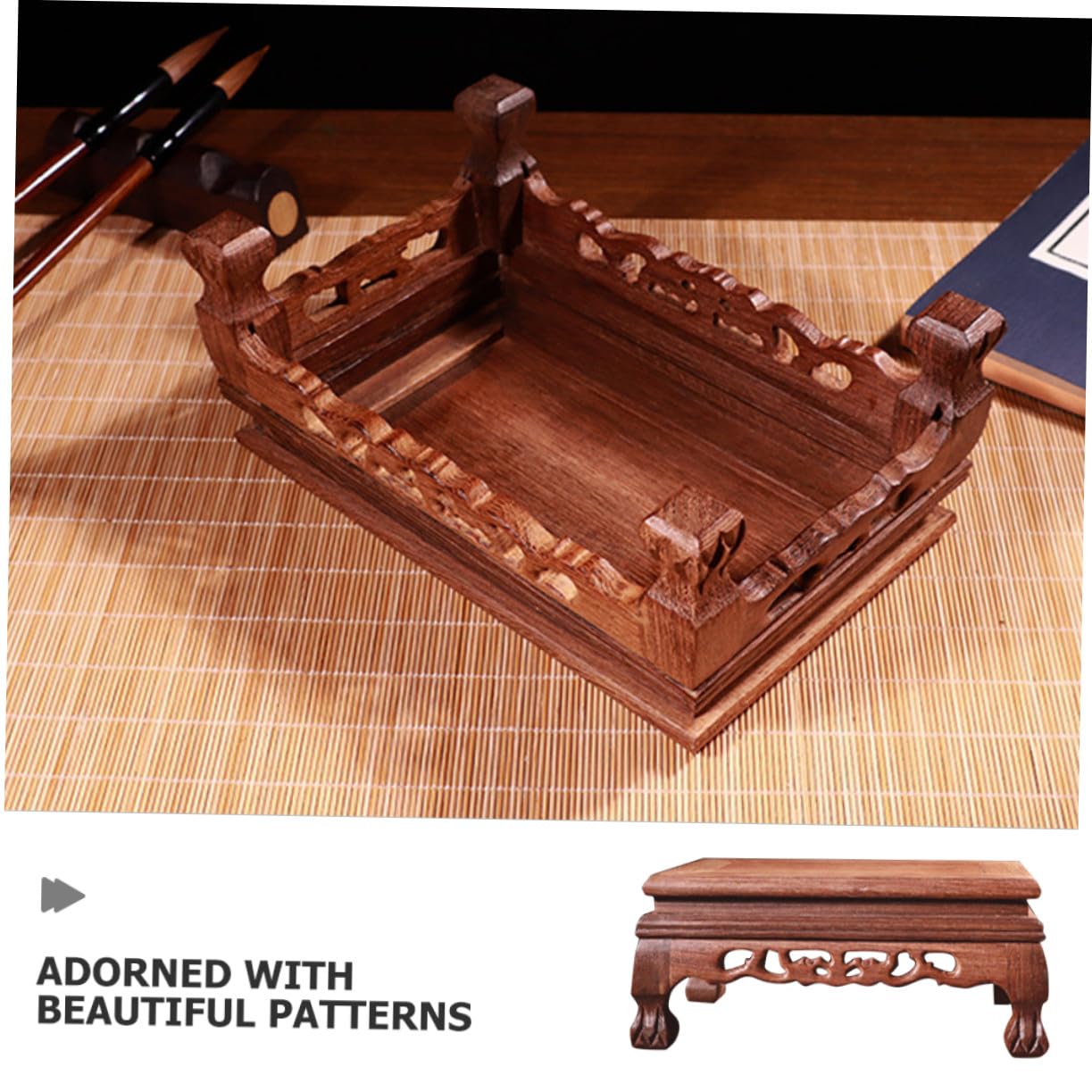 TOYANDONA Base de Estatua de Madera Rectangular Marrón, Pedestal Estable y Multifuncional Diseño Tallado para Jarrones y Decoración Habitación