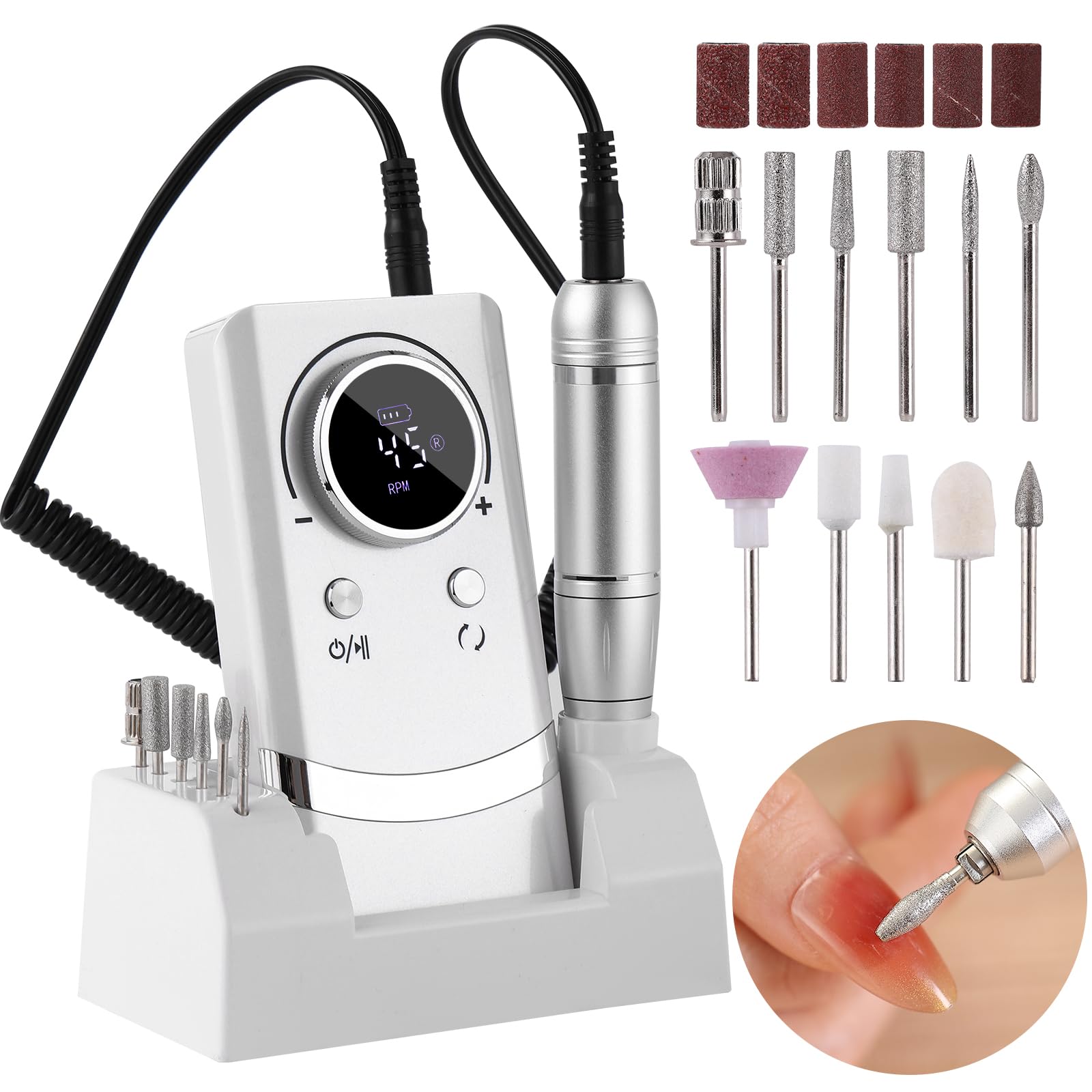 Electric 45000RPM Nail Drill Machine Rechargeable Portable Nail File Electric DIY Nail Drill Kit with Smart LCD Screen for Gel Nail Manicure and