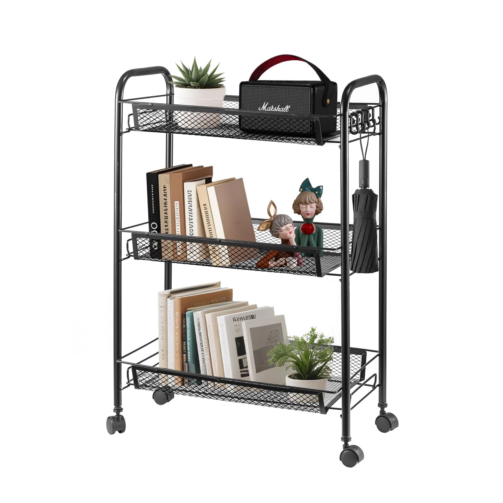 GREENSAPPIRE 3-Tier Rolling Cart Rolling Storage Trolley Mobile Storage Trolley On Wheels Slide Out Utility Cart Shelving Units Mesh Shelves on Wheels for Kitchen, Bathroom (3-Tier Black)