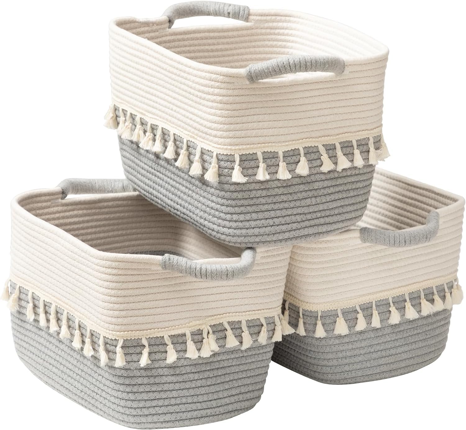 TeoKJ Cestini Intrecciati per Riporre Oggetti, in Corda di Cotone, Confezione da 3 Pezzi, Con Manici per Organizzare, Graziosi Cestini per Asilo Nido, Soggiorno, 38,1 x 25,4 x 22,9 cm, Bianco e Grigio