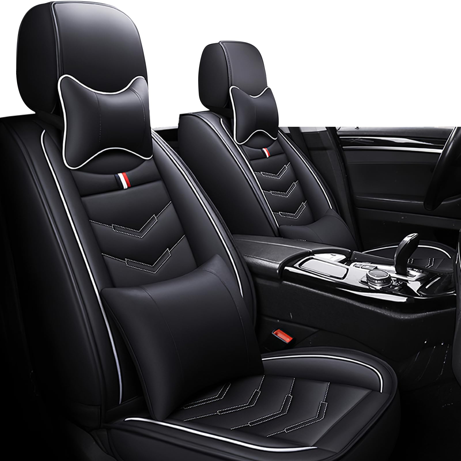 Car Seat Covers Fit for KIA Soul 2010-2025, Leather Seat Covers for Car, Waterproof Non-Slip Durable Car Seat Protector(2 Seats with Pillow,Black White)