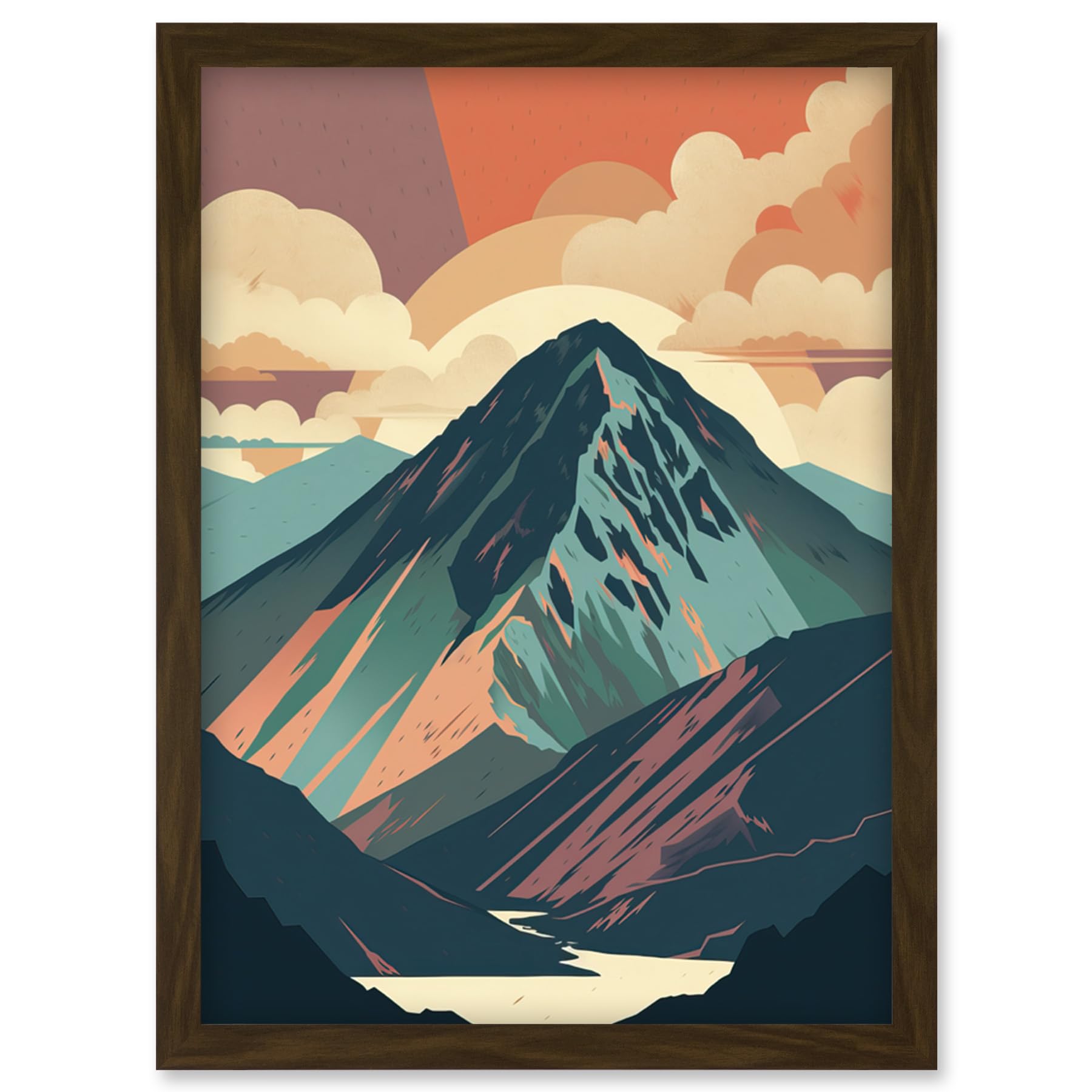 Artery8 Mountain Hill Sunrise Boho Landscape Illustration Artwork Framed Wall Art Print A4