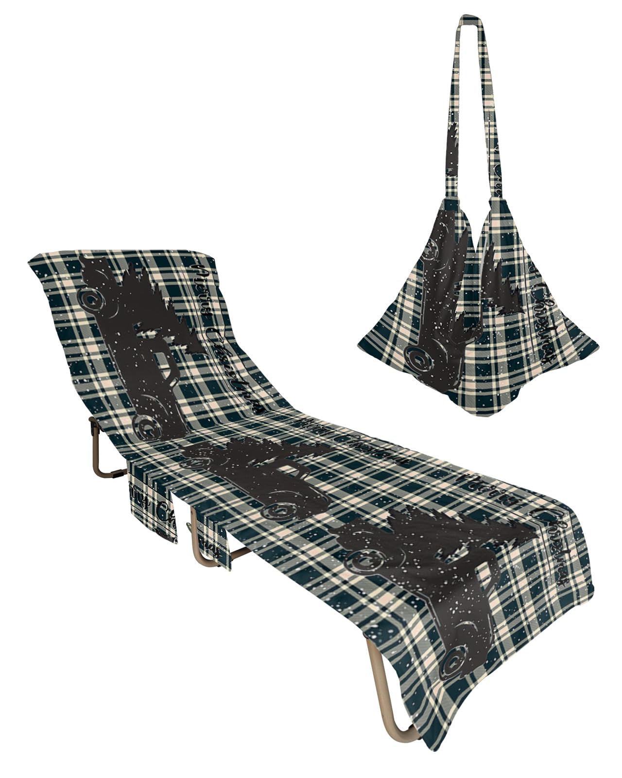 Christmas Beach Lounge Chair Towel Cover, Soft Chaise Lounge Towel with Side Pockets Patio Pool Chairs Cover for Beach/Pool Sunbathing 29x85 Xmas Tree Truck Winter Snowflake Green Plaid