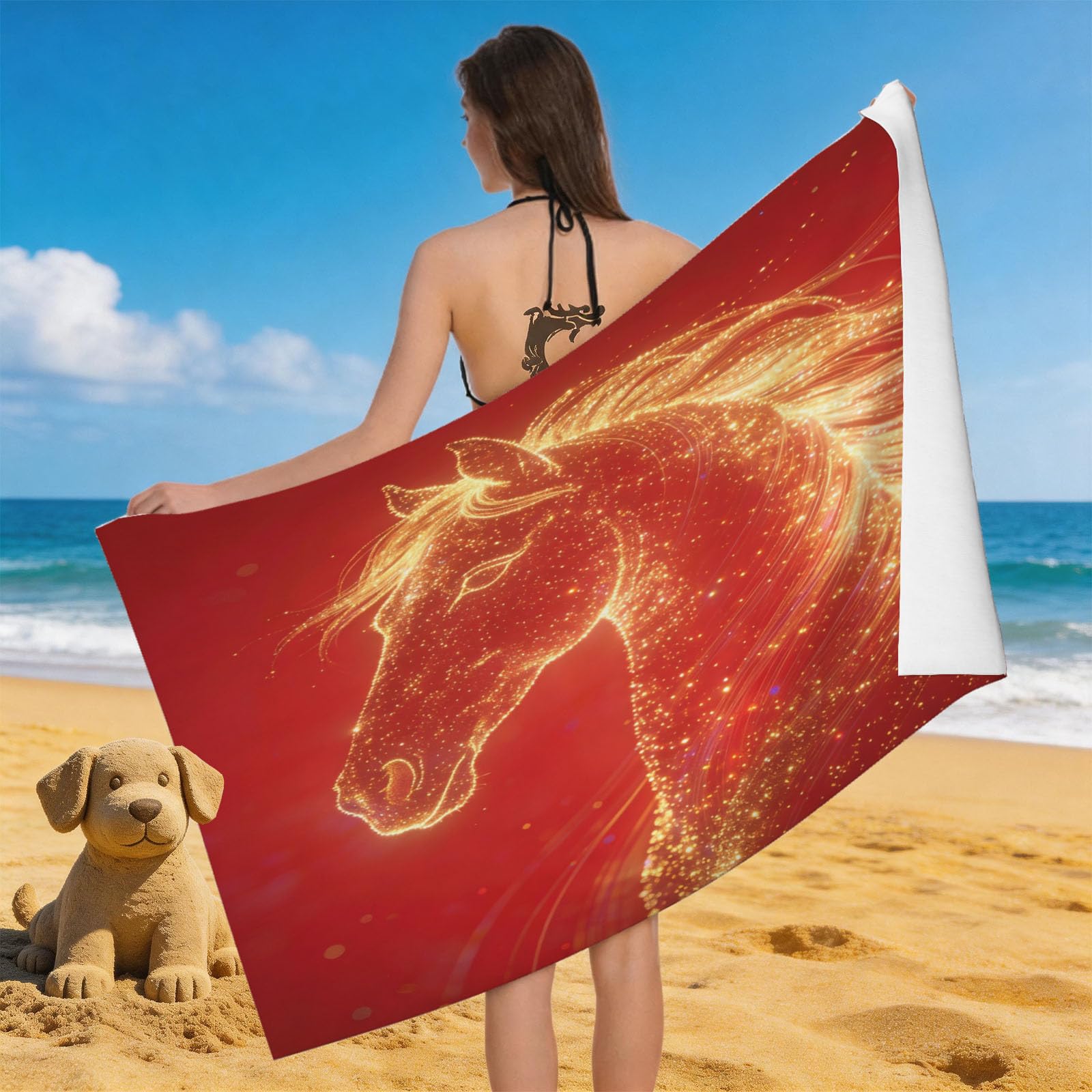 Leichong 3D Glowing Horse Beach Towel Microfiber Soft Quick Dry for Adults, Dreamy Bath Towel Lightweight Soft Absorbent for Travel Swimming Pool Sports, 75 x 150 cm