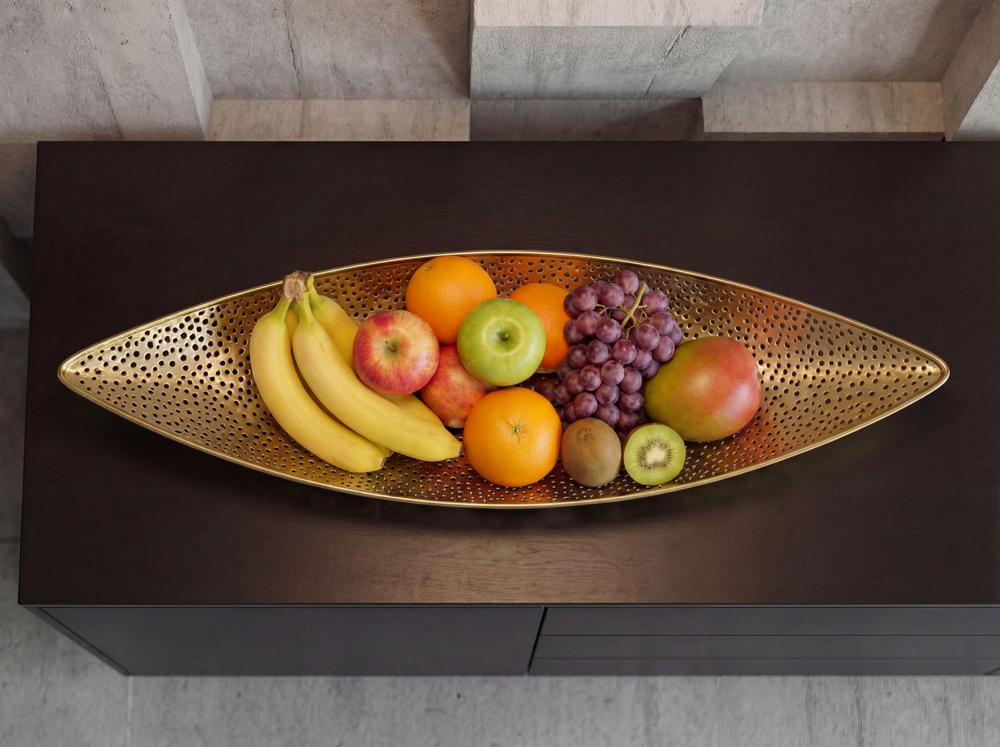 FineBuy Misa na owoce 60 x 16 x 9 cm Aluminium Złota Ręcznie robiona | długi kosz na owoce w kształcie łodzi, ręcznie robiony metalowy kosz na owoce, ażurowa misa na kredens, dekoracja stołu do ku