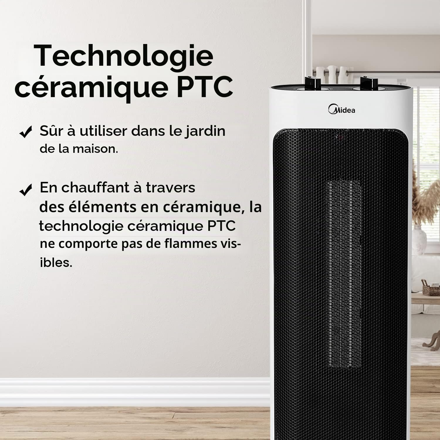 Midea NTH20-19JE Chauffage électrique faible consommation radiateur ventilateur 2000 W technologie céramique silencieuse, 2 niveaux de température, thermostat d'ambiance