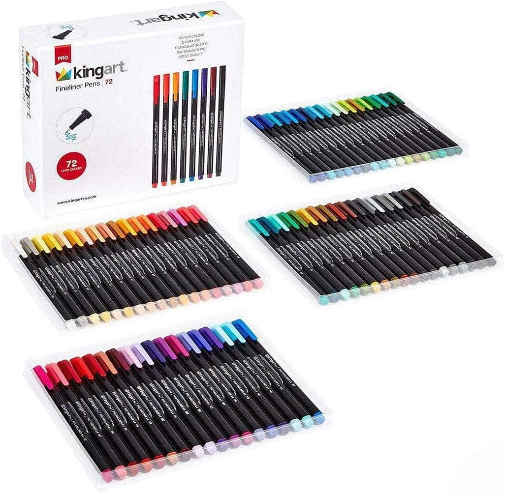KINGART PRO Fineliners Fine Point Pens, 72-Piece Fine Tip Markers with Color Numbers, 0.4mm Tips, Ergonomic Barrels, Brilliant Assorted Colors, Art Supplies for Coloring, Drawing & Detailing