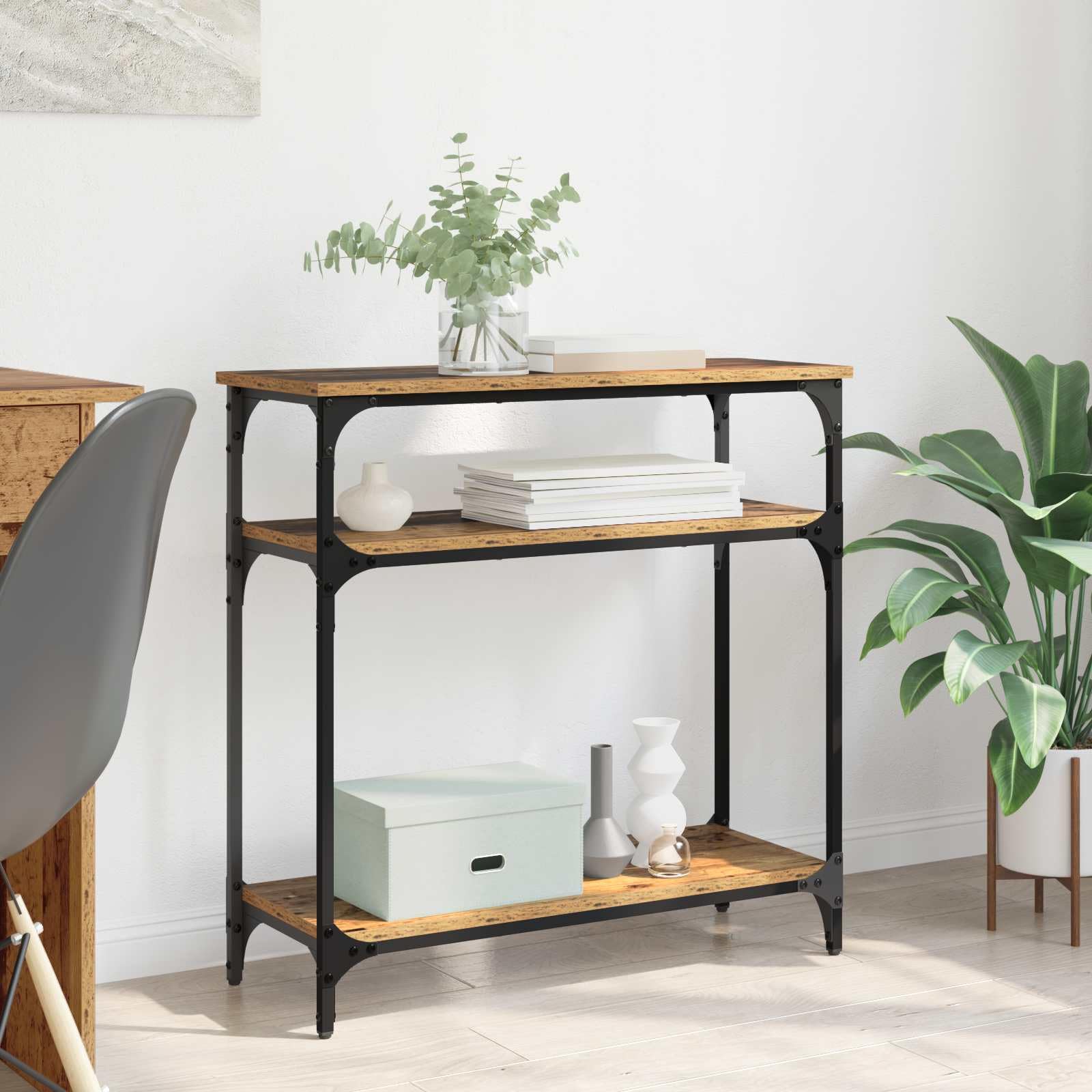 Mesa consola de madera recuperada de 75 cm de alto que organiza recibidores pequeños