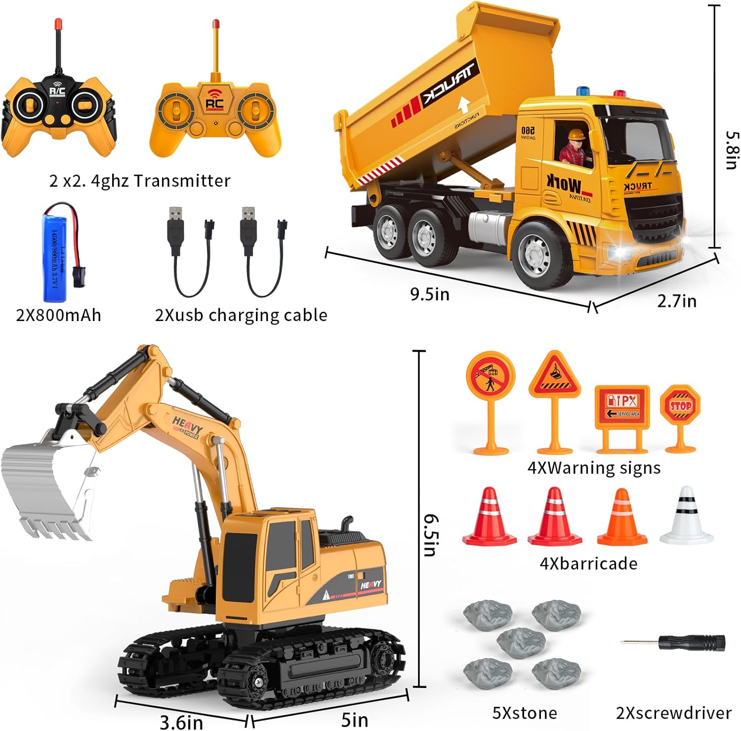 Remote Control Excavator and Dump Truck Toy Set - RC Construction Vehicles Toy with Barricades, Road Signs, Simulated Rocks, Lights and Sounds, Birthday Gifts for Toddlers 3-12 year Boys Girls