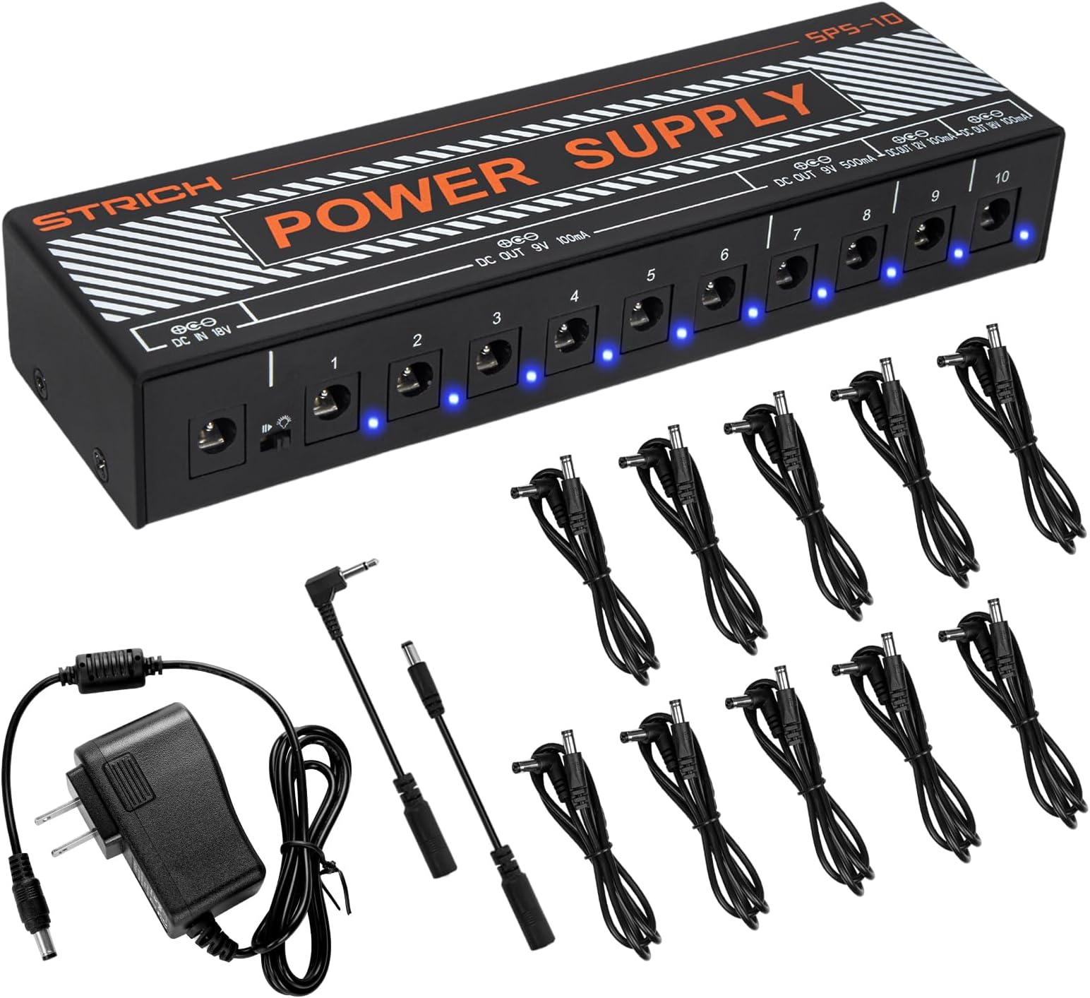 STRICH Guitar Pedal Power Supply, 10 Isolated DC Output for 9V/12V/18V Effect Pedal, 100mA 500mA Pedalboard Power Supply with Short Circuit Protection, Noise Reduction Circuit Design, SPS-10
