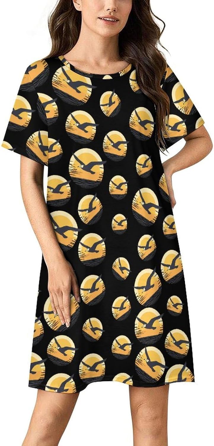 Seagullbird Sunset Vintage Nightgowns for Women Short Sleeve Sleep Dress Casual Sleepshirt Night Gowns Pajamas