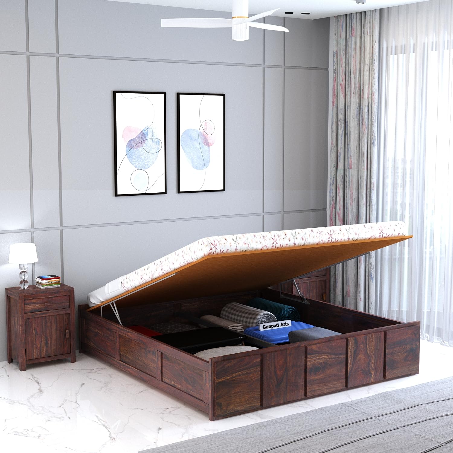 Ganpati Arts Solid Sheesham Wood Scott King Size Bed with Hydraulic Storage Without Headboard Wooden Double Bed Cot Palang Furniture for Bedroom Living Room Home (Walnut Finish)