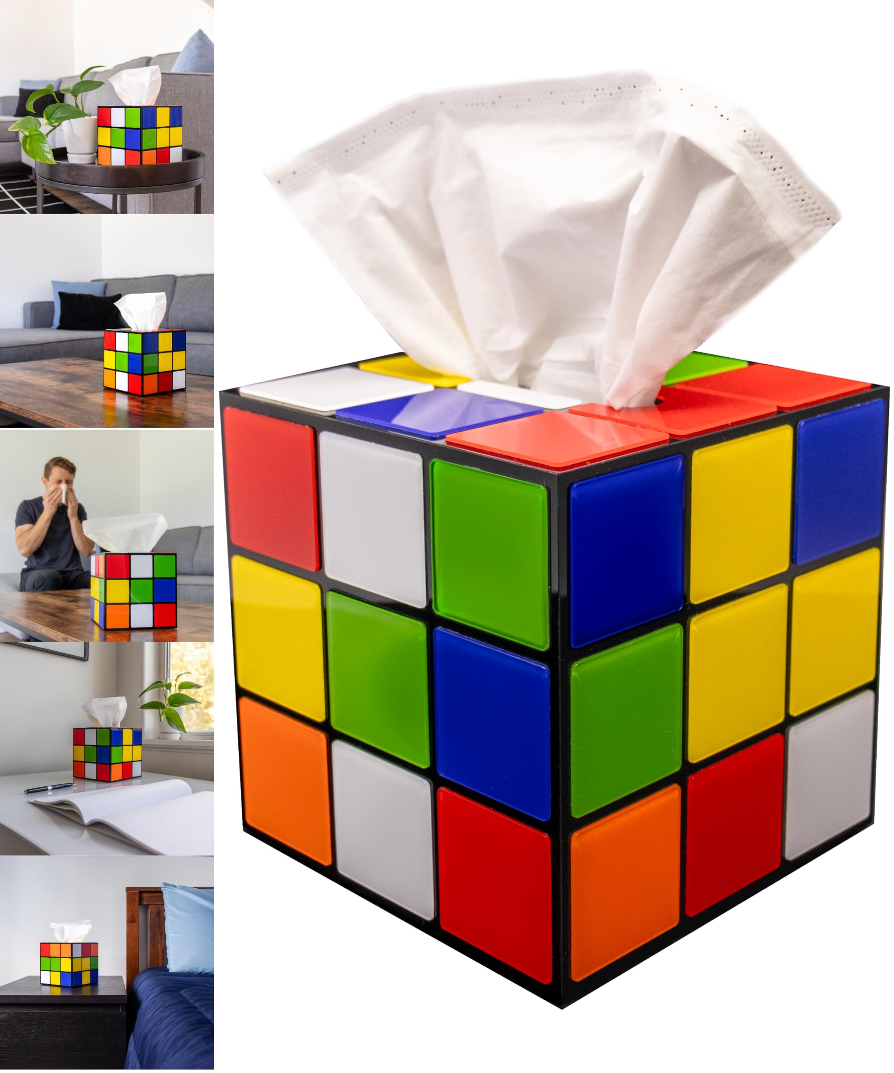 Magic Cube Tissue Box Cover | Retro Home Decor | Funky Furniture Easy to Use with Magnetic Bottom Lid | Fun House Decor
