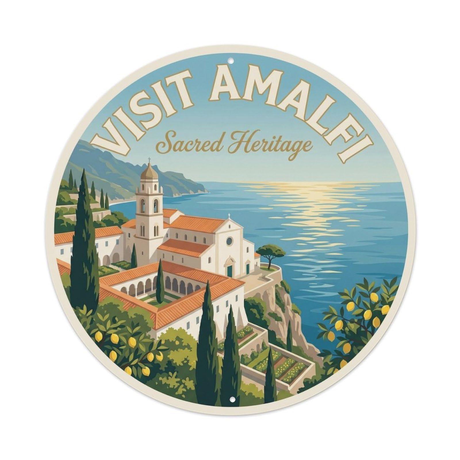 Amalfi Monastery Heritage Retro Travel Italian Coast Metal Tin Sign Plaque Wall Decor for Cafe, Man Cave, Club Bar, Office, Home Garden Round Metal Poster 8x8Inch