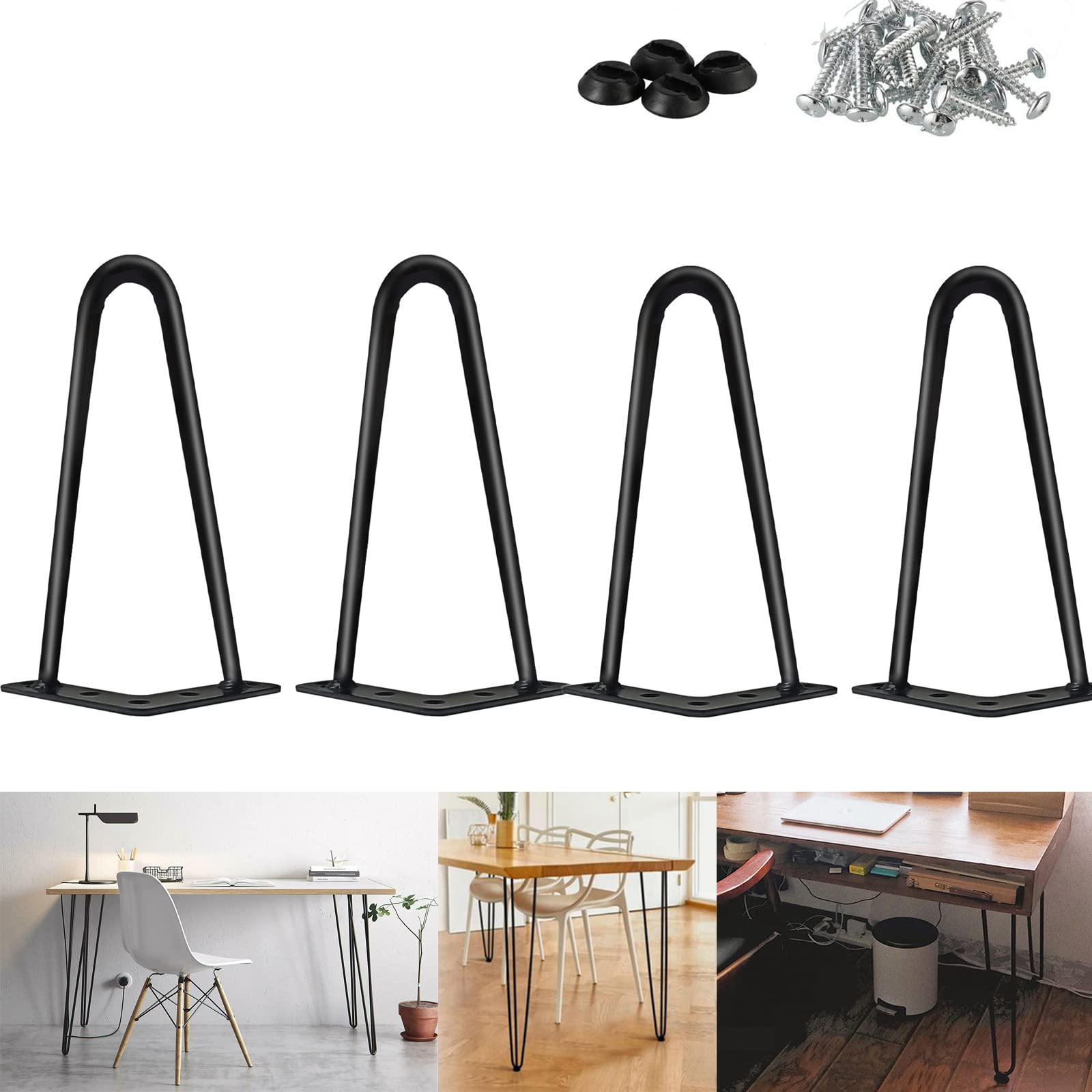 8 Inch Metal Hairpin Table Legs - 20cm Black Industrial 2 Rod Modern Furniture Legs, Heavy Duty 10mm Steel With Screws and Floor Protector Feet, Set of 4