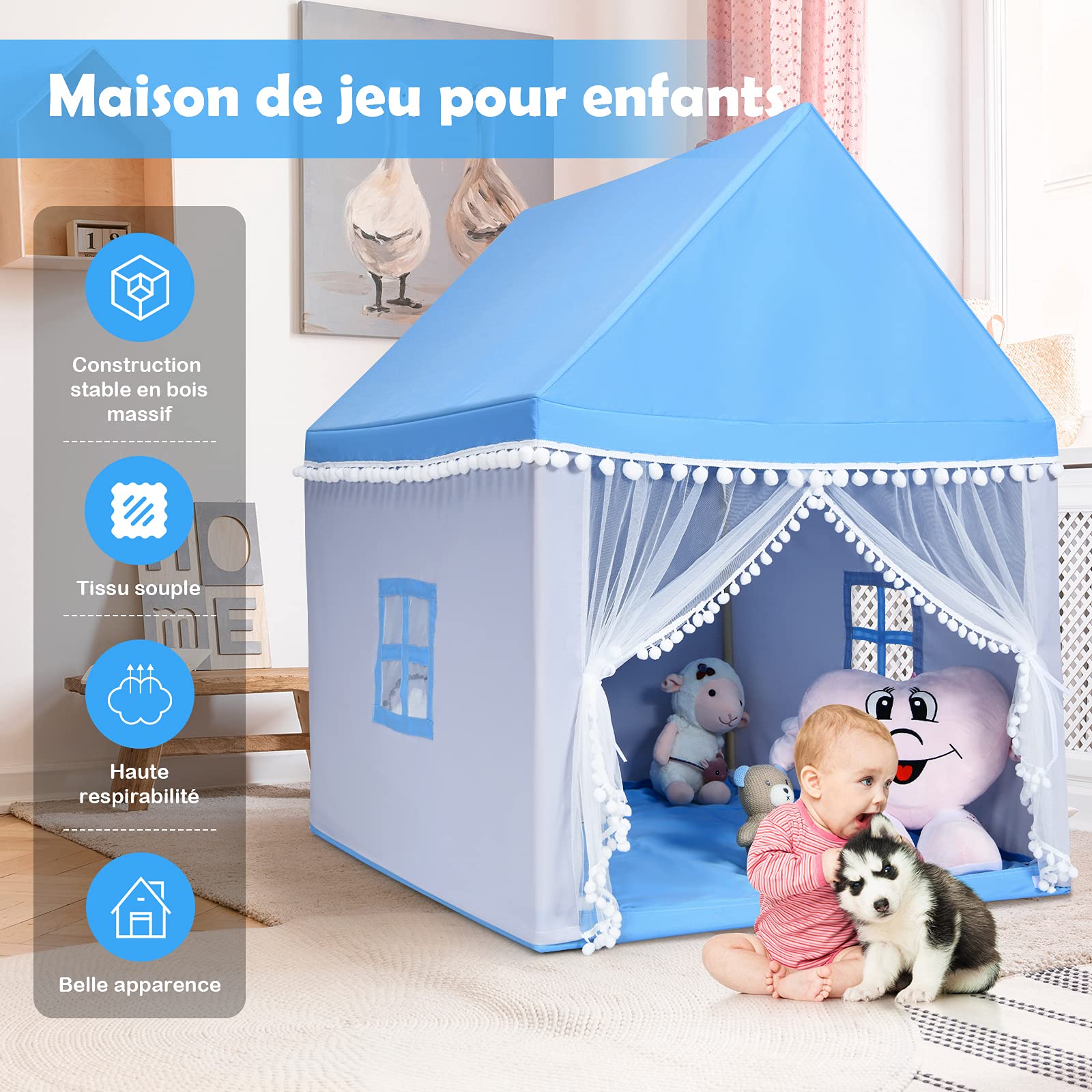 GOPLUS Tente De Jeu Enfant Avec Tapis épais Et 2 Fenêtres Et Gaze Tente Portable Pour Chambre Salon Parfaite Pour Cadeau Danniversaire A Linterieur Age 12 Mois Bleu 61222036
