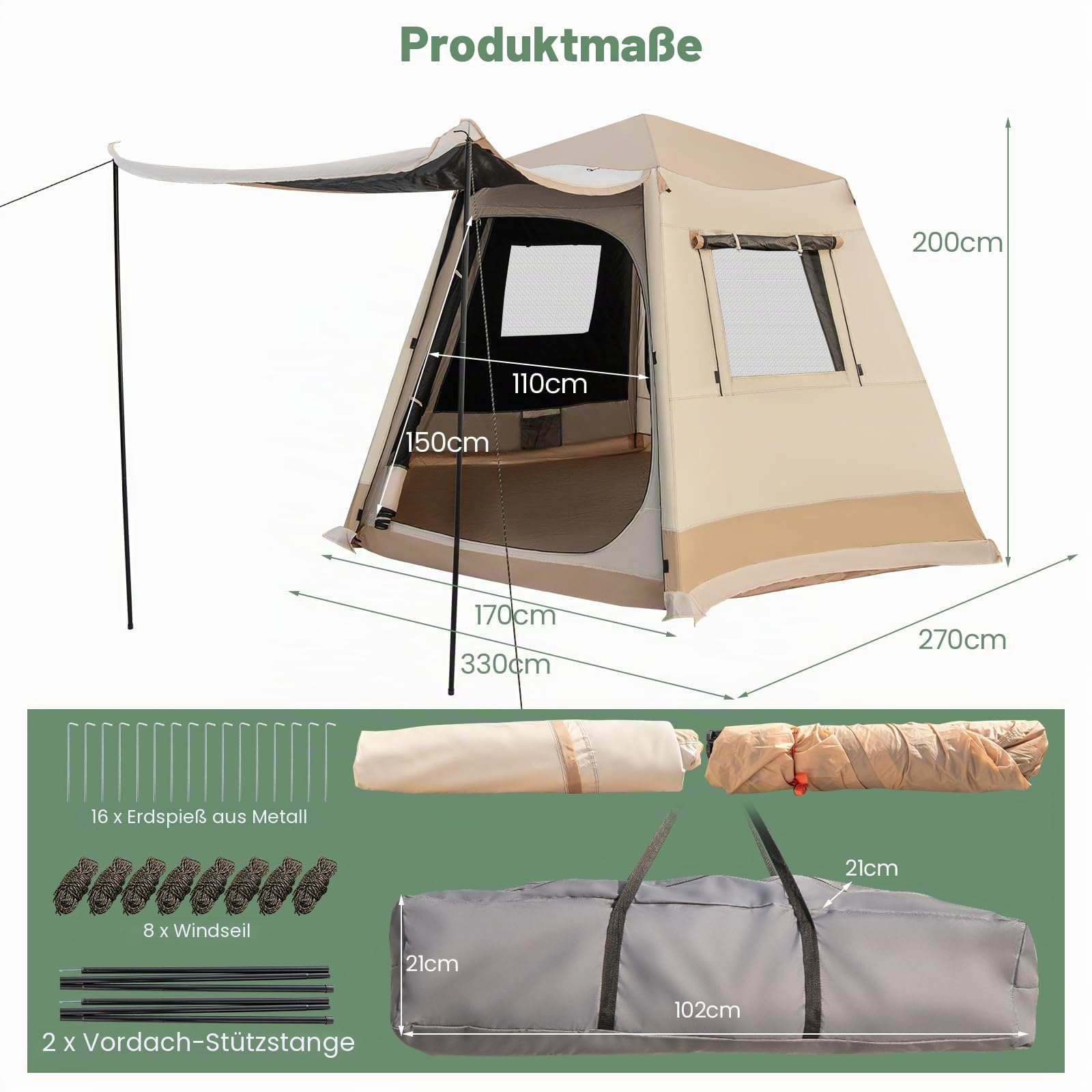 HOMASIS Sechseckiges Campingzelt für 4-6 Personen, automatisches Pop Up Zelt mit 2 Tür & 4 Fenstern, Zelt mit Vordach & Tragetasche, Familienzelt für Camping, Hiking & Trekking, Beige