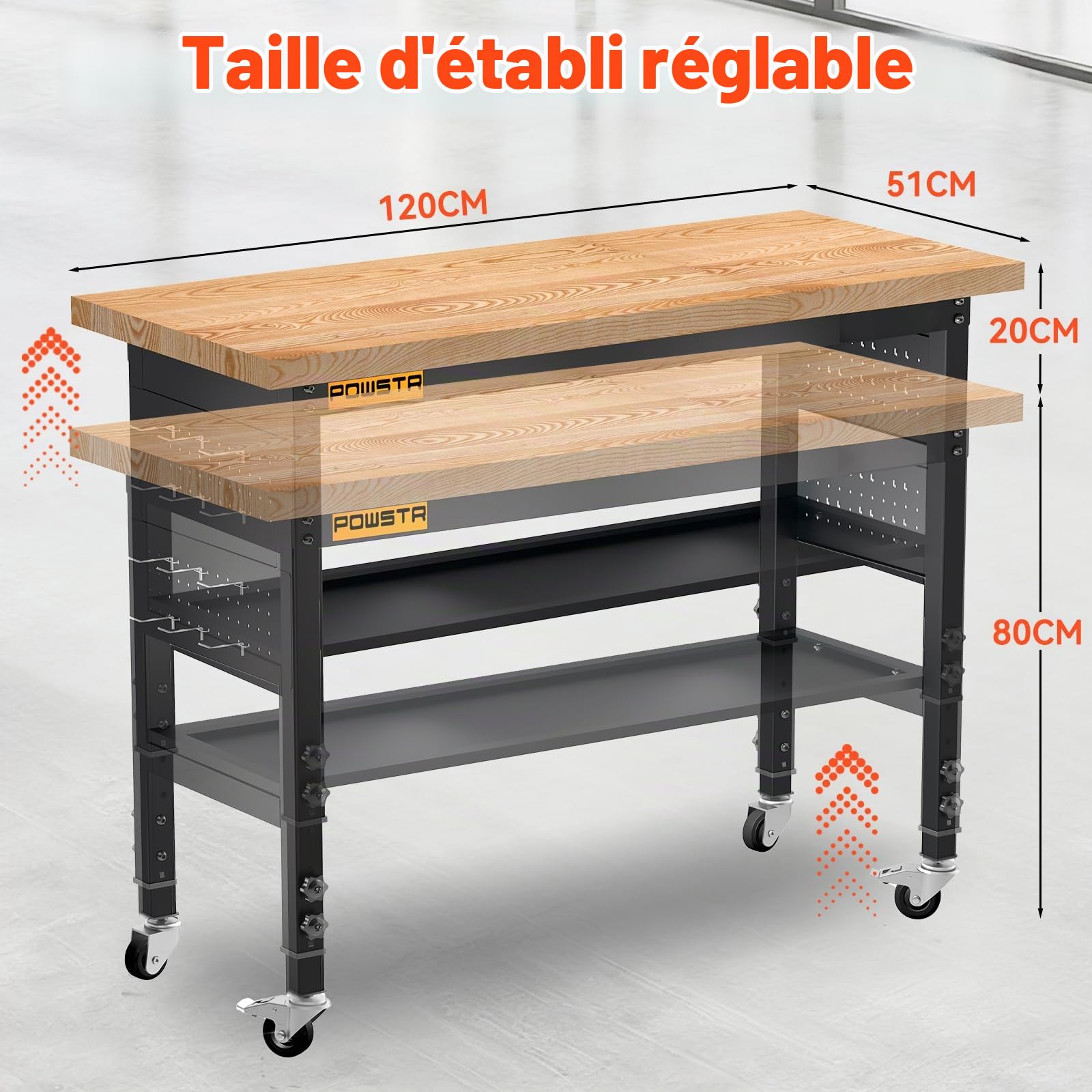 Établi Atelier Garage 120 cm Réglable 5 Hauteurs, Bois Caoutchouc 900 Kg | Double Niveau/2 Roue Avec Frein/ 6 Crochets/Panneau Perforé/Garage Atelier Bureau Maison Commercial