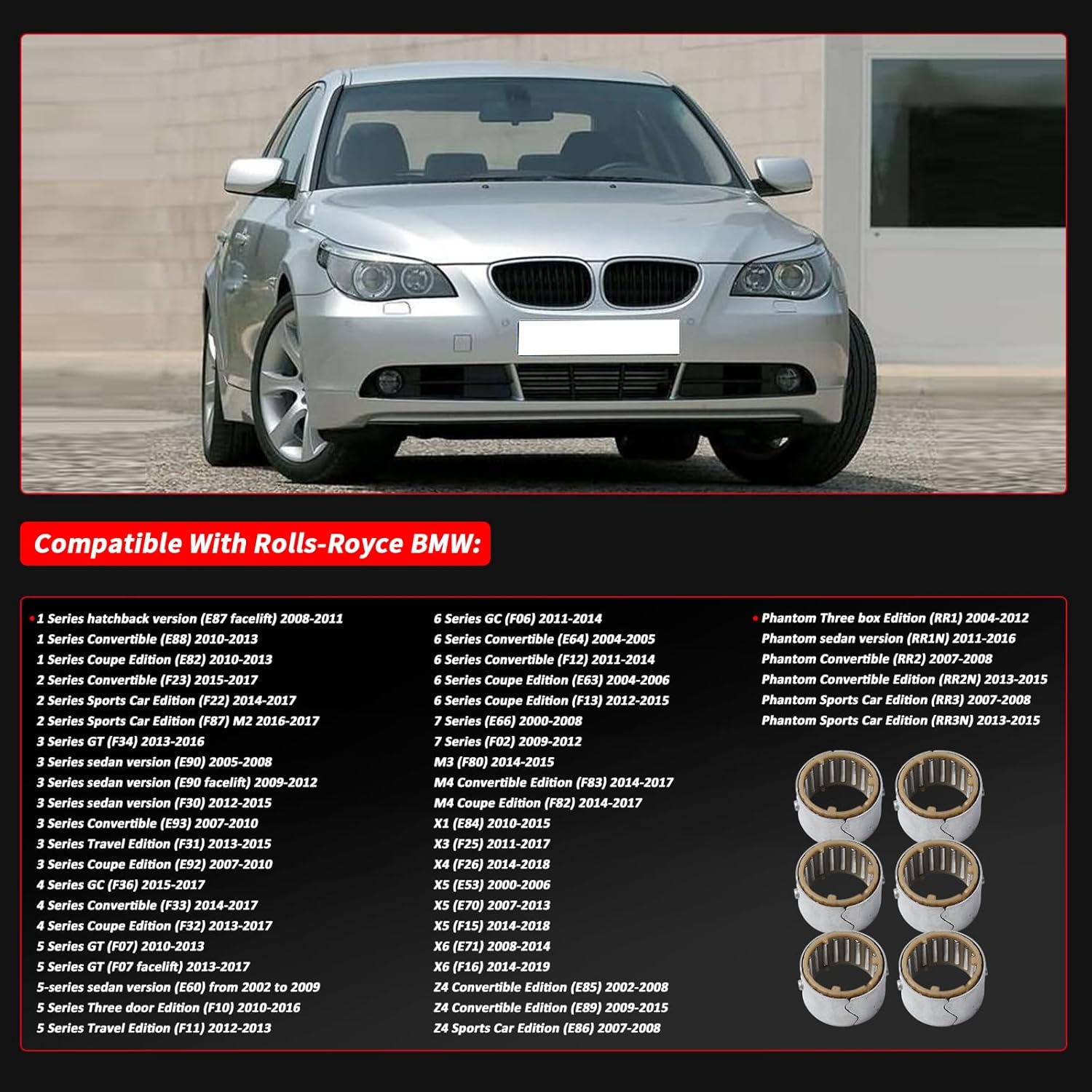 11377615379 6 Pack Needle Roller Bearings 2000-2019 for BMW 1,2,3,4,5,6,7,M3,M4,X1,X3,X4,X5,X6,Z4 Replacement # 11377615379