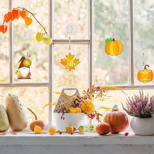 Miniatura 7 de Juego de 27 atrapasoles de pintura de ventana para bricolaje, manualidades de otoño, hojas, calabaza, bellota, girasol, decoraciones de otoño para