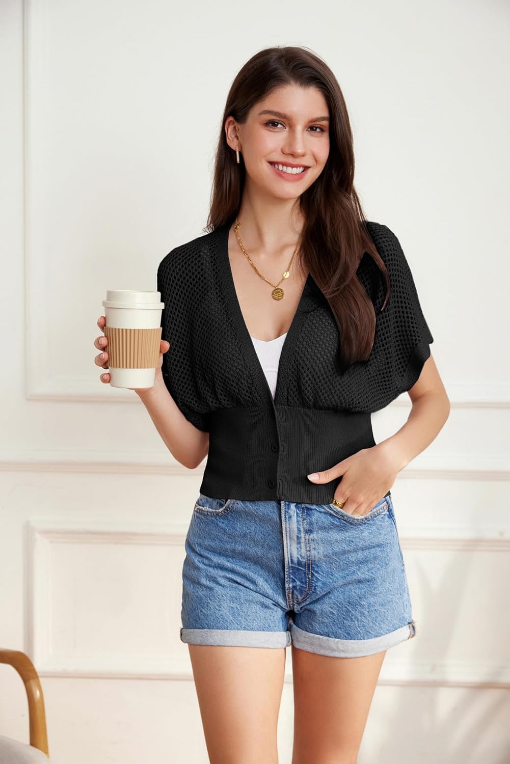 GRACE KARIN 2026 Women Short Sleeve Crochet Cardigan Summer Draped V-Neck Bolero Shrug Sweater Hollow Out Beach Cover Up - Image 5