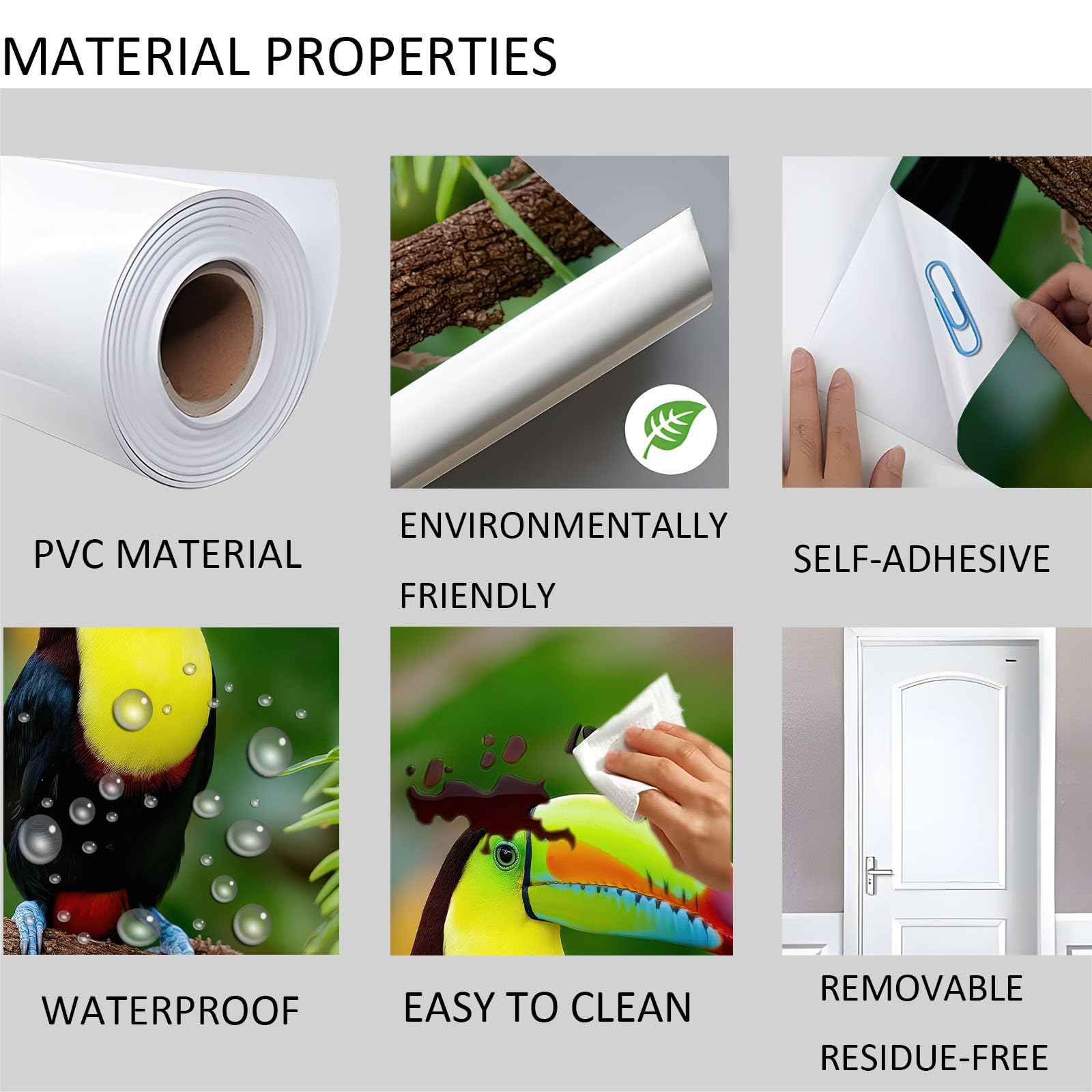 Papel pintado autoadhesivo para puerta de animales, tucán, fotografía 3D, póster para puerta, adhesivo botánico de rama de árbol impermeable, lámina de vinilo para puerta, verde extraíble, póster