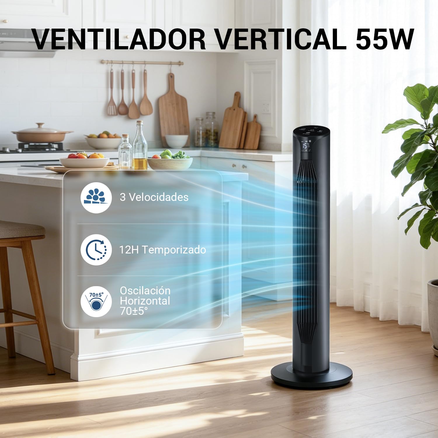 Ventilador de Pie Silencioso, Ventilador de Torre 55 W, 36'' (92cm) de Altura, Temporizador 12H Oscilación 3 Velocidades, 3 Modos, Oscilación 70°, Pantalla LED y Mando a Distancia Incluido, Negro