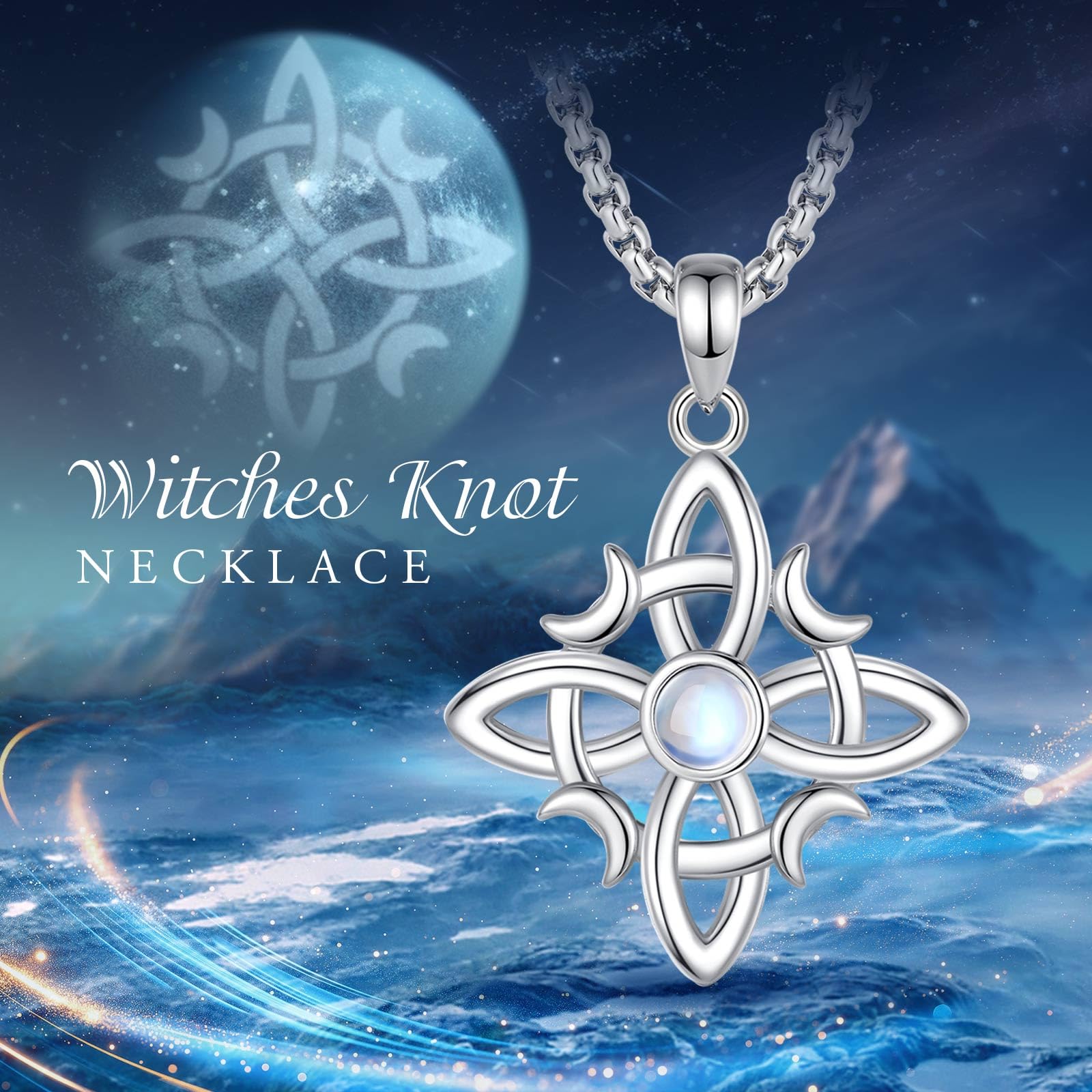AEONSLOVE Collier Noeud de Sorcière pour Femme Fille Pendentif Noeud Celtique Argent 925, Collier Celtique avec Pierre de Lune Bijoux de Sorcière