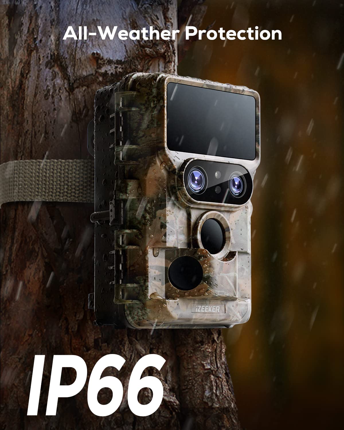 iZEEKER Kamera do obserwacji dzikich zwierząt, WiFi, podwójny obiektyw 4K, 30 kl./s, 60 MP, kamera do dzikich zwierząt ze światłem gwiazd, widoczność w nocy, czujnik ruchu, kąt wykrywania 120°, czas