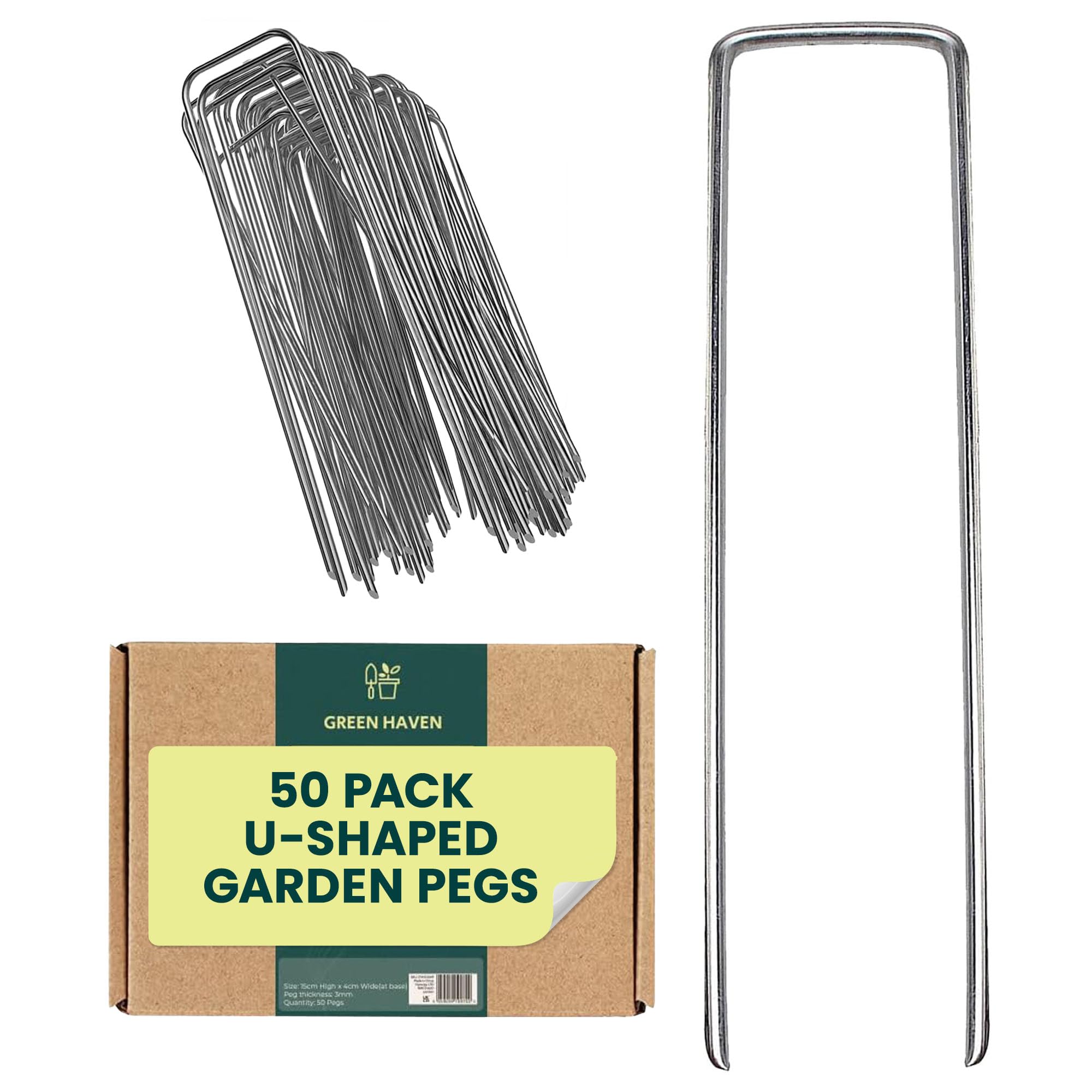 Green Haven Garden Pegs – 50 Pack Galvanised U Shaped Ground Staples – Heavy Duty Metal Landscape Pins for Weed Membrane, Artificial Grass, Moss Poles & Ground Fabric