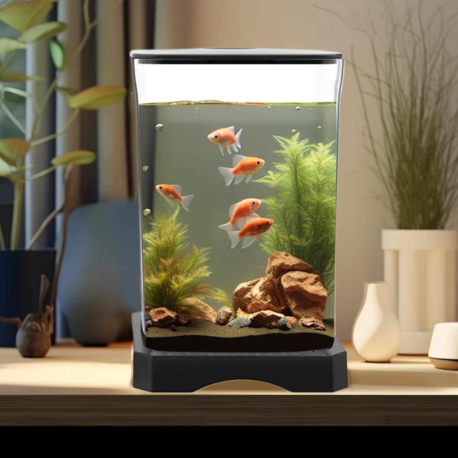 Acrylic Betta Fish Tank | Desktop Rettangolare Aquarium with Top Feeding Hole | Mini Eco Habitat with Ambient Light | Creative Starter Kit for Bettas