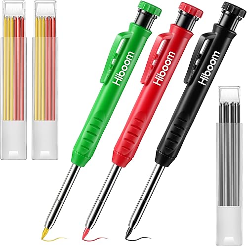 Miniatura 10 de Hiboom Paquete de 3 lápices de carpintero sólido con 21 repuestos, marcador mecánico de punta larga con afilador integrado para carpintero, patente
