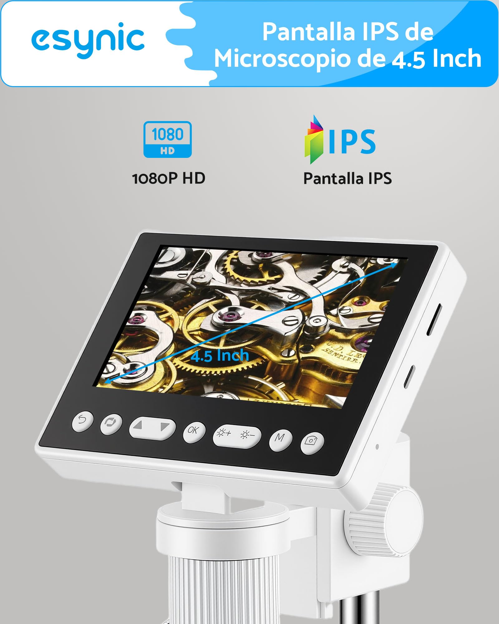 eSynic Microscopio Digital con Pantalla de 4.5'' Microscopio Portátil 1080P 5X-1000X con Luz LED Doble Soporte Ajustable Microscopio Recargable con 32GB para Reparación Soldadura PCB Monedas Educación
