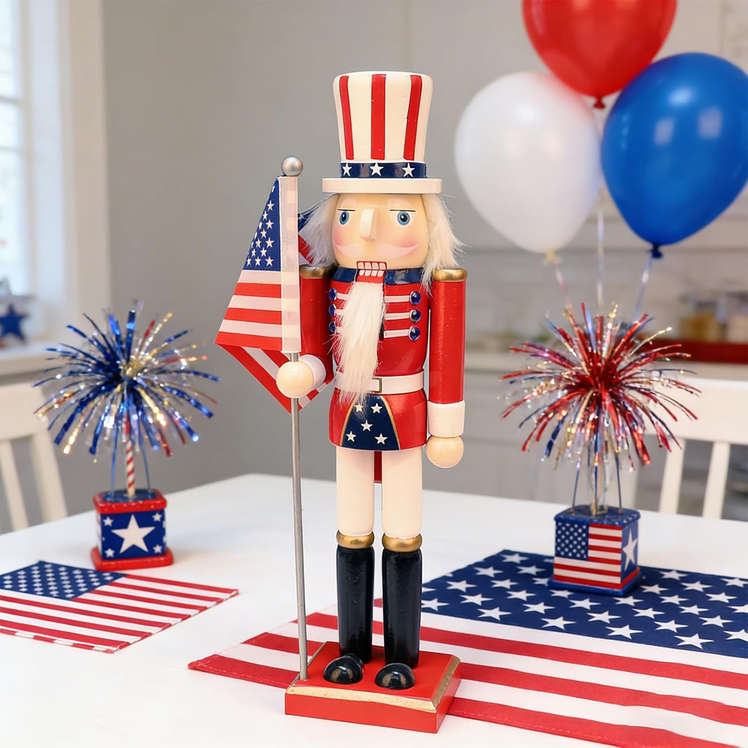 LAMPHOME 15 Inch Wooden American Flag Nutcracker Soldier Figurine with Wooden Base, Patriotic Collectible Statue, Tabletop Ornament for Independence Day, 4th of July & Christmas，Desktop Home Decor