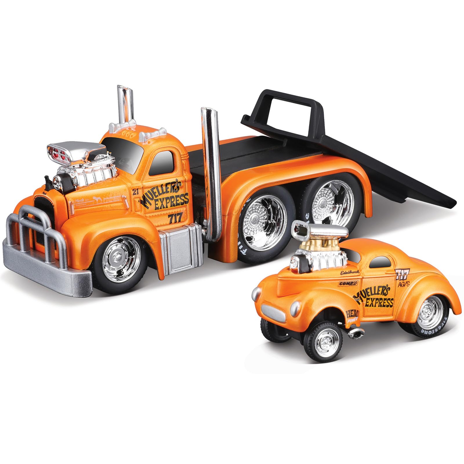 1/64 Scale Top Muscle Transports Series for 1953 Mack B-61 Flatbed Truck and 1941 Willys Coupe Gasser Diecast Metal Model Car (11544)
