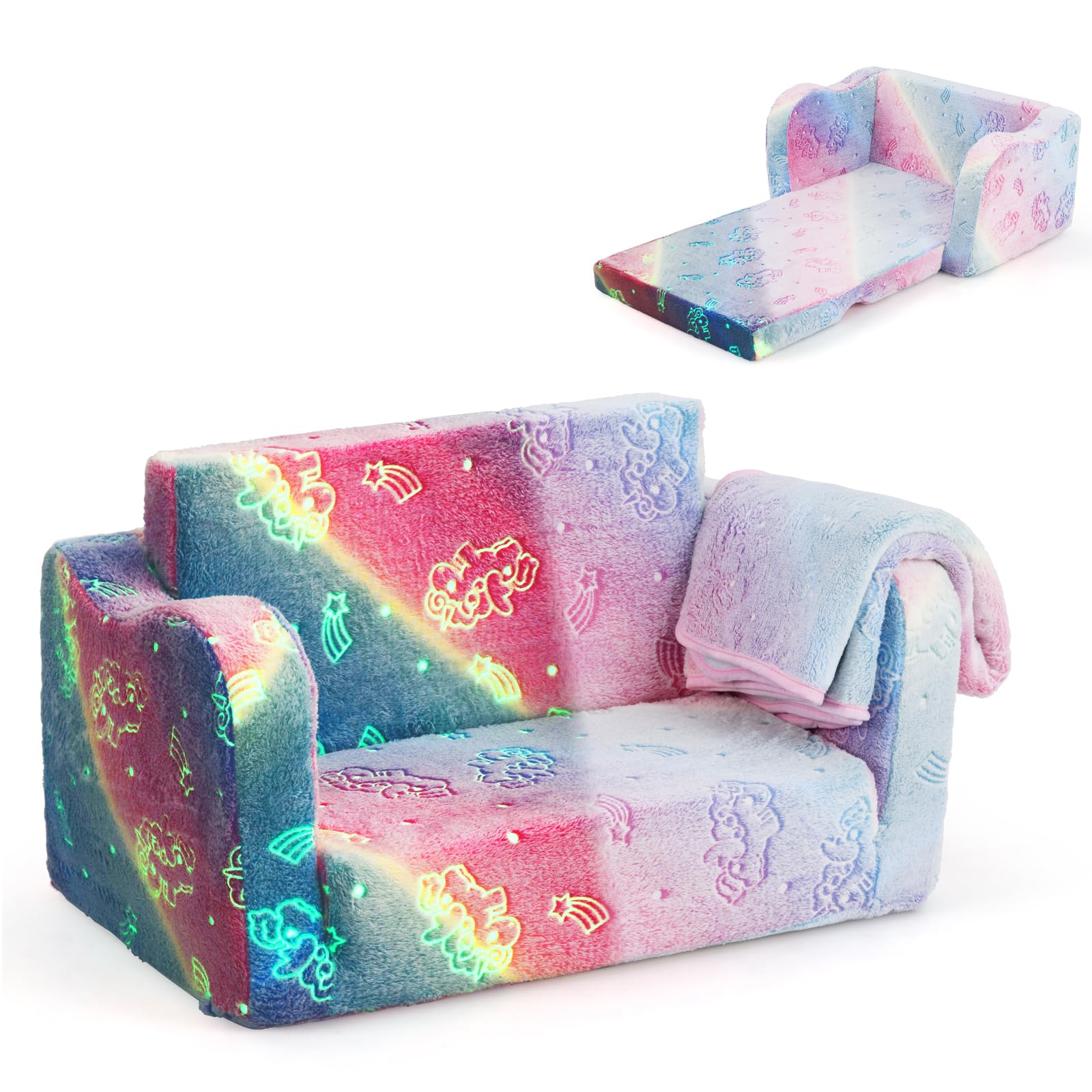 DREAMADE 2-in-1 Kindersofa, Klappbares Spielsofa aus Flanellstoff mit Decke & leuchtenden Mustern, Leuchtsofa Kindercouch Kindersessel Kindermöbel für Kinder ab 3 Jahren (Bunt)