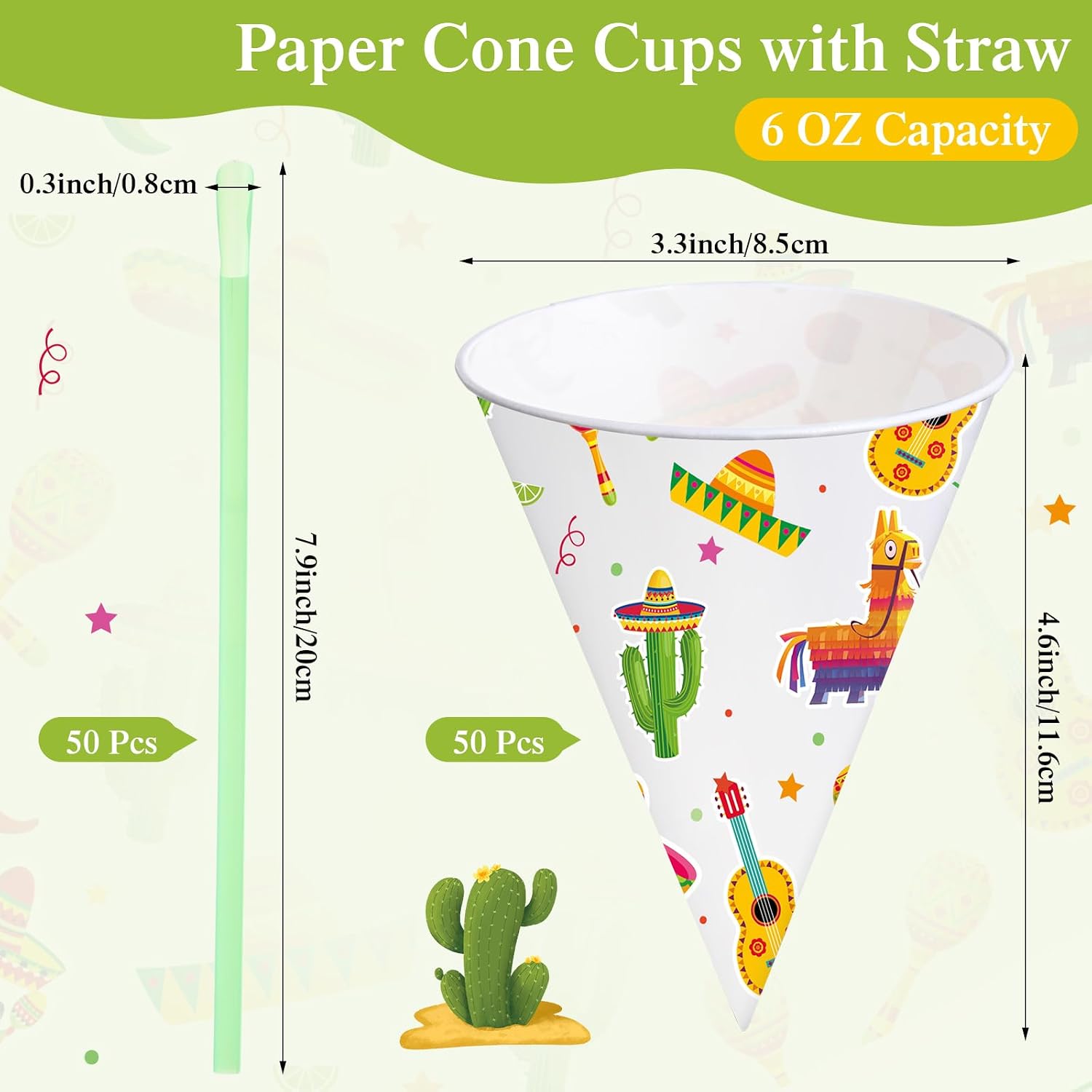 Willinglong 50 Set Mexican Snow Cone Cup and Straw 6oz Fiesta Ice Cream Cup Cinco De Mayo Party Decor Mexico Taco Birthday Party Supplies for Slush Shaved IceCream Water Cooler Disposable Paper Funnel image 2