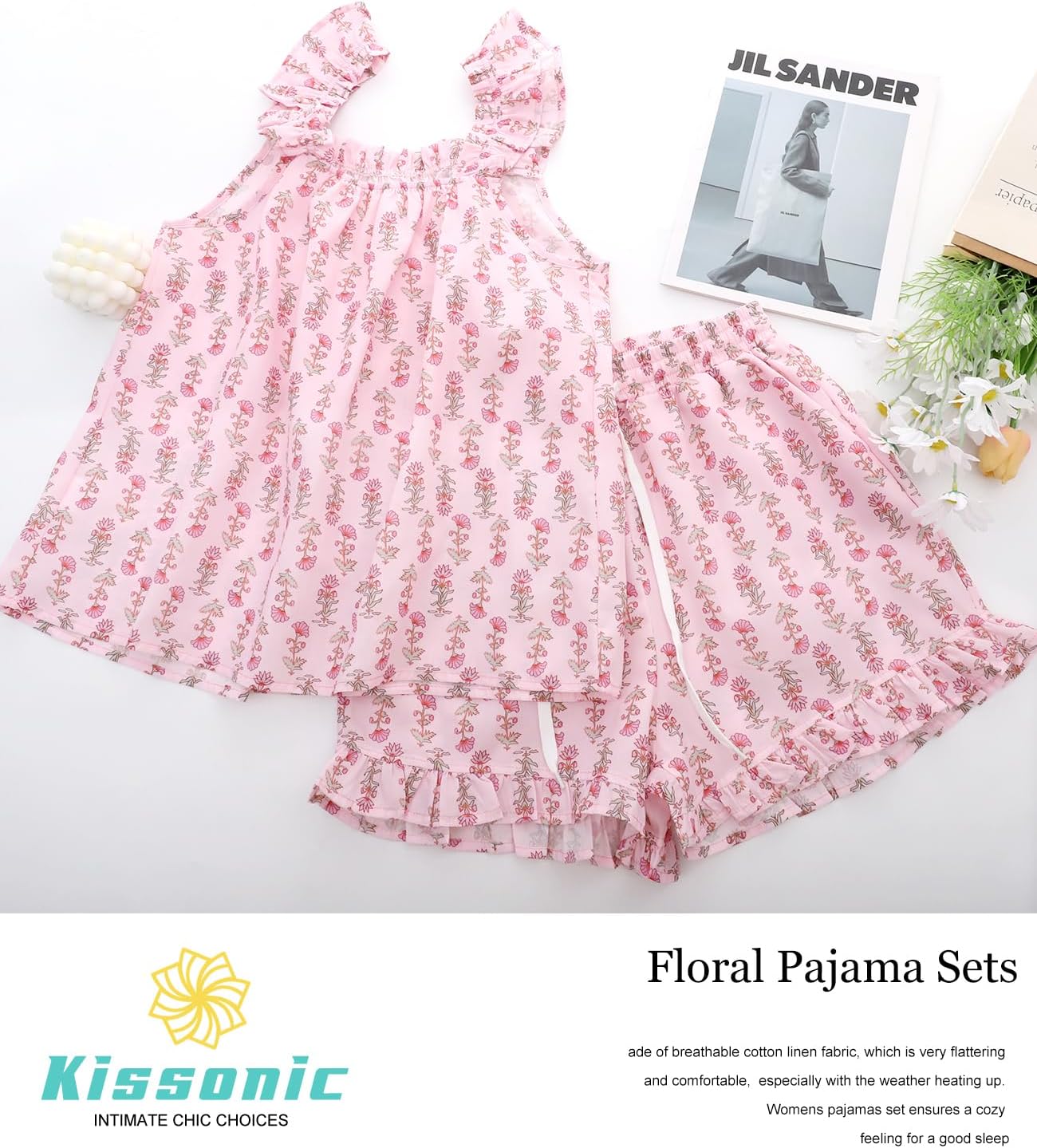 Kissonic Womens Ruffle Pajamas Set 2 Piece Summer PJs for Women Floral Pajama Ruffle Trim Cami Top and Shorts Lounge - Image 6