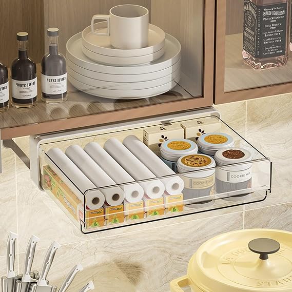 Under Desk Drawer Organizer Self-Adhesive, Pull Out Under Cabinet Drawer Organizer Slide Out Shelves Sliding Cabinet Storage for Kitchen Pantry Shelves Bathroom Home Office