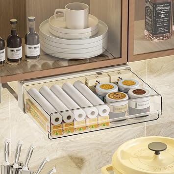 Under Desk Drawer Organizer Self-Adhesive, Pull Out Under Cabinet Drawer Organizer Slide Out Shelves Sliding Cabinet Storage for Kitchen Pantry Shelves Bathroom Home Office