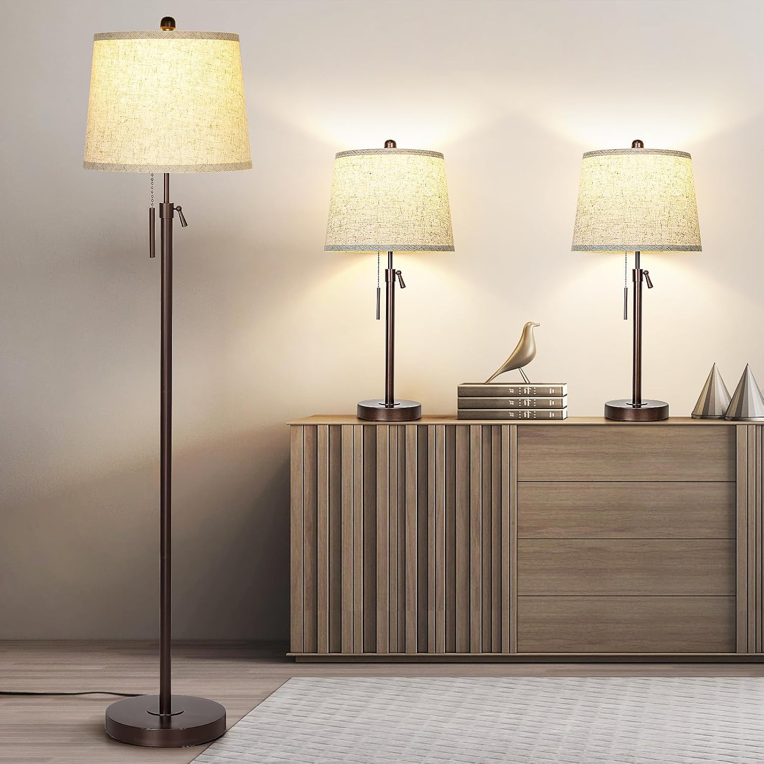 3 Piece Lamp Sets for Living Room Floor Lamp and Table Lamps Set of 3 Tall Standing Lamp Adjustable Height 3 Color Temperature Modern Brown Lamp for Bedroom Nightstand Bedside EndTable(Bulbs Included)